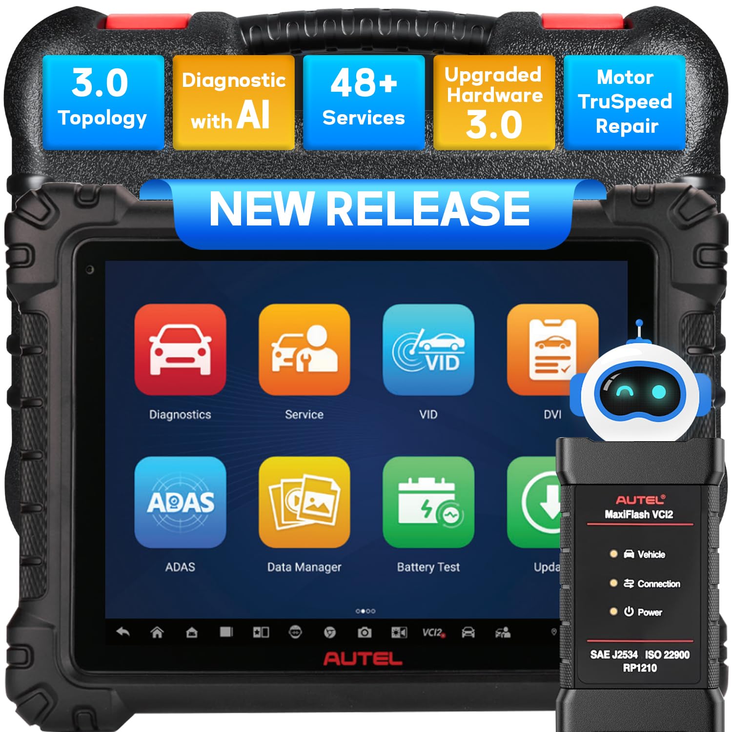 Autel MaxiSys MS909S2 tablet and VCI 2 module connected to a vehicle's OBDII port.