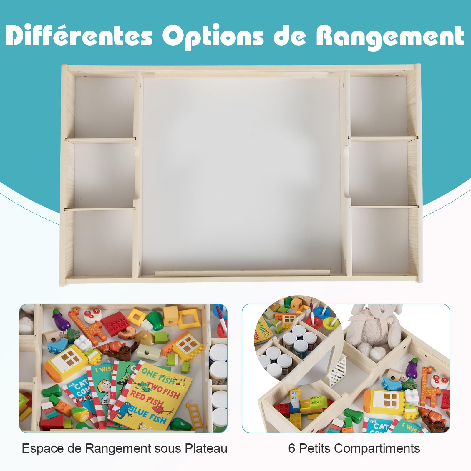 COSTWAY Table Enfant avec 2 Chaises et Plateau Réversible, Table Enfant avec Rangement et 6 Compartiments Latéraux, Tableau Noir et Blanc pour Jouer Dessiner, Bureau à Dessin pour 3 Ans+ (Naturel)