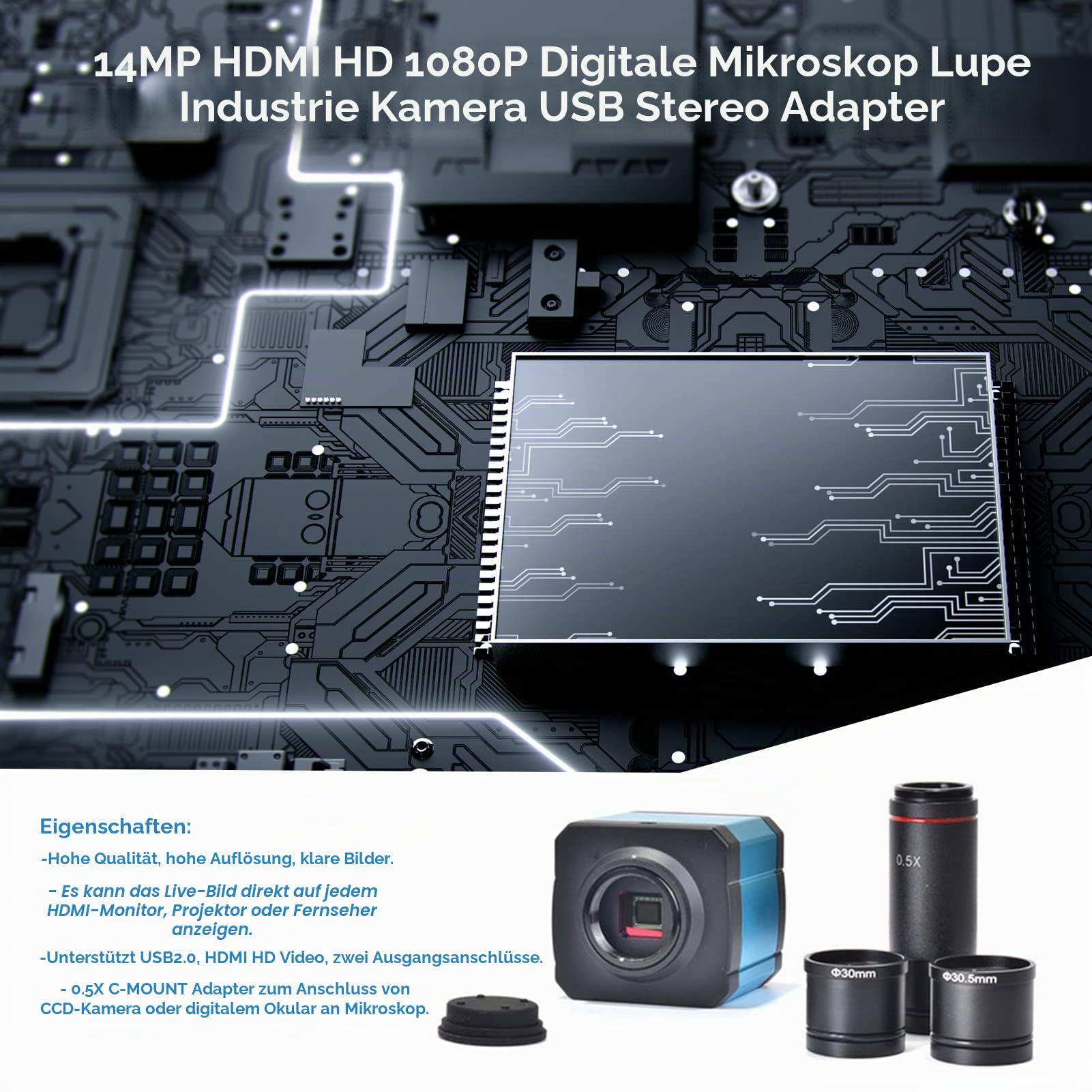 BuyWeek Digital Mikroskop Kamera, 14MP HDMI HD 1080P Industrie Mikroskop Lupe Kamera USB Stereo Mikroskop Adapter(EU-Stecker)