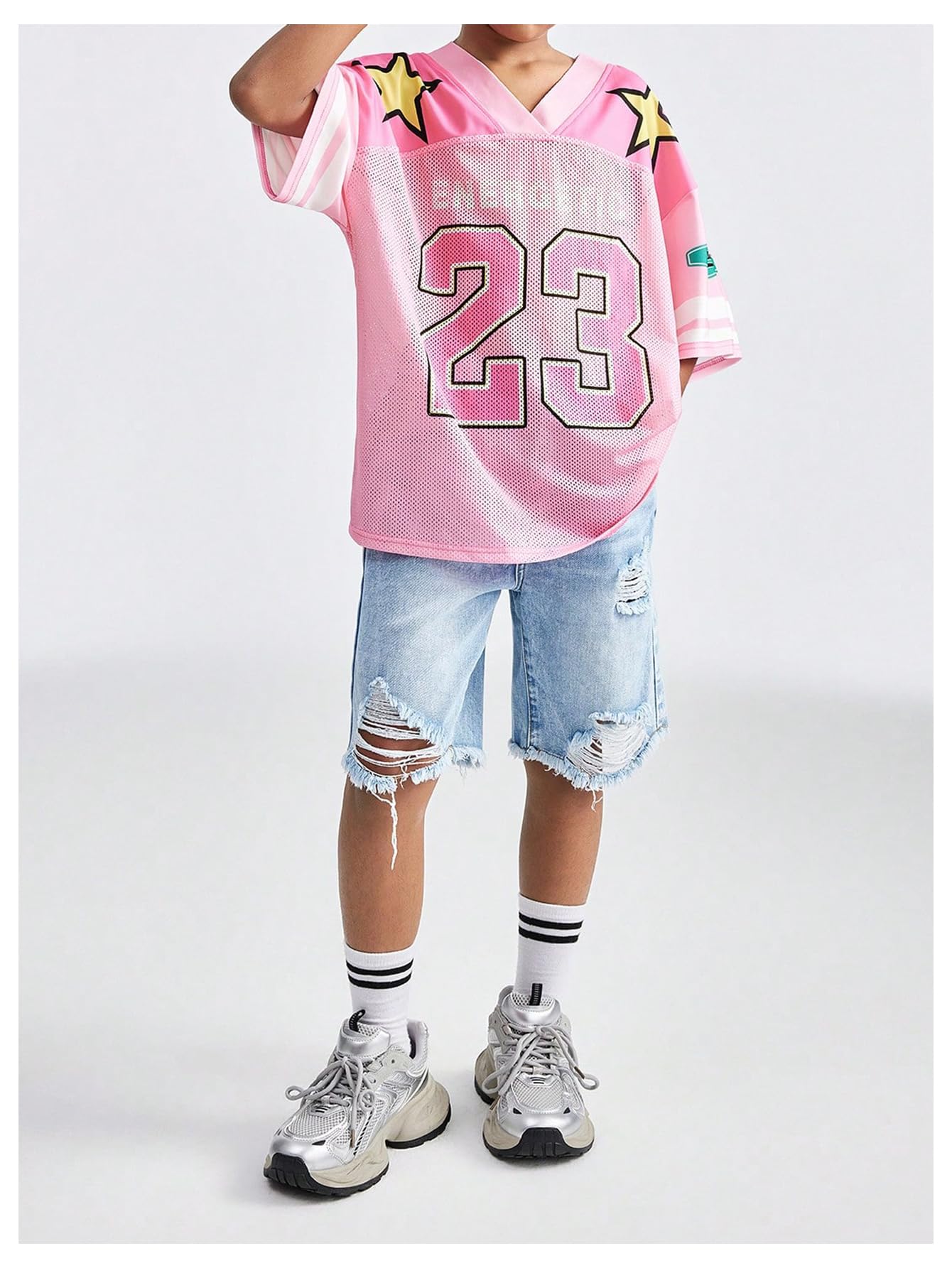 Floerns Camicia in jersey da ragazza stampata oversize a maniche corte in rete con scollo a V camicie sportive in jersey
