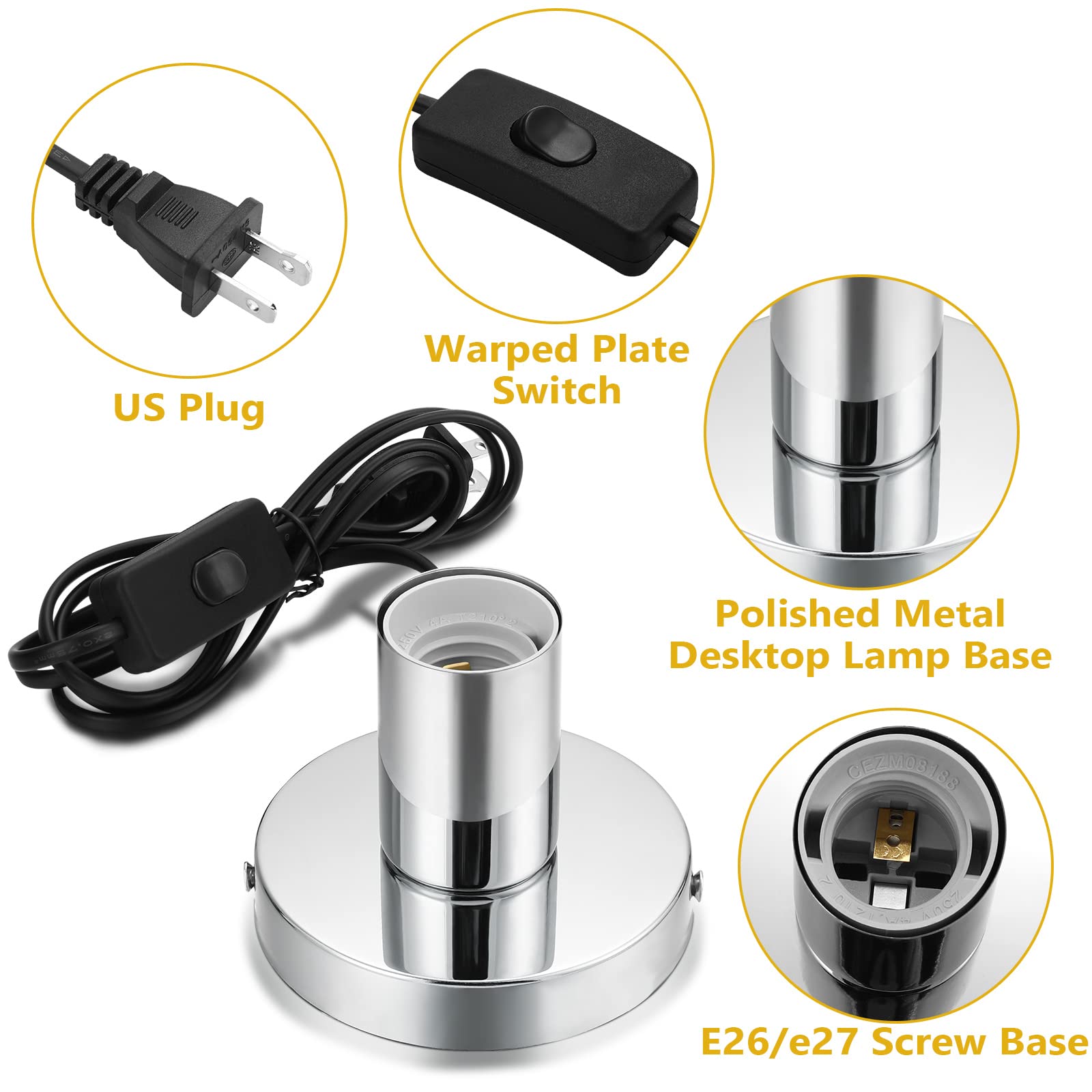 Polished Metal Desktop Lamp Base E26 E27 Screw Light Bulb Holder Base Light Sockets Base Light Bulb Base Lamp Replacement Base for Holding Bulb, 6 Feet Black Cord on Off Switch Plug (Silver, 6 Pcs)