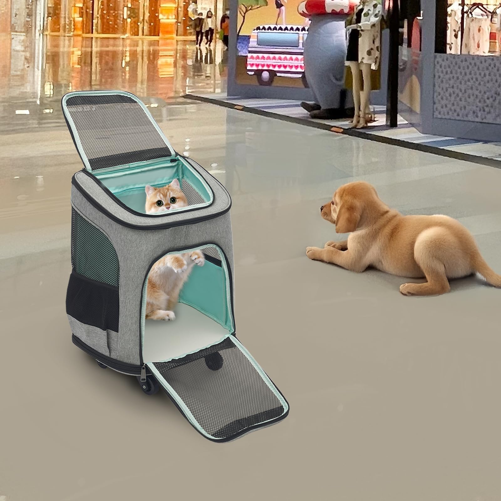 Transporttasche für Katze mit Rollen Hundetragetasche 45 * 33 * 14 cm hundewagen bis 9 kg Katze und 7,5 kg Hund katzenwagen (Grau)