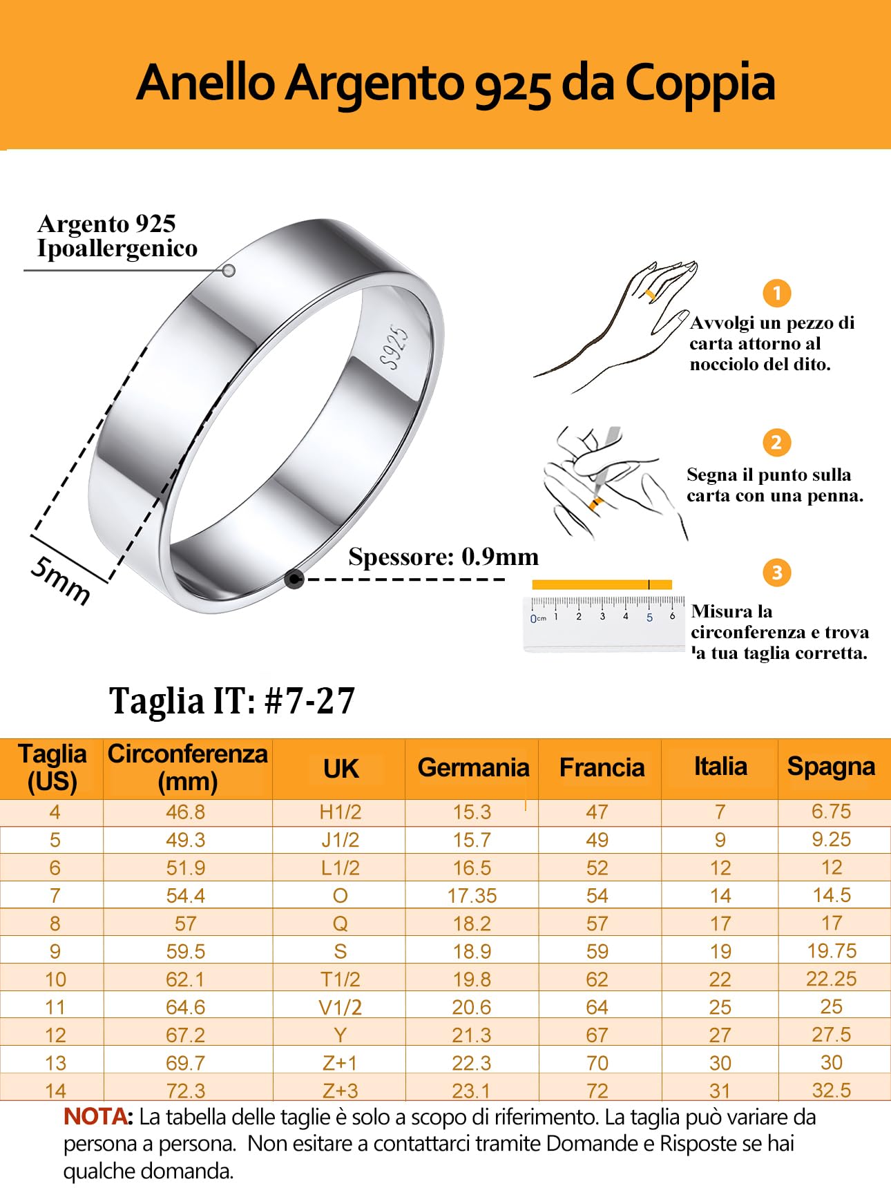 Bestyle Anelli Coppia Donna Uomo 925 Argento a Fascia 3mm/5mm Misura 7-27