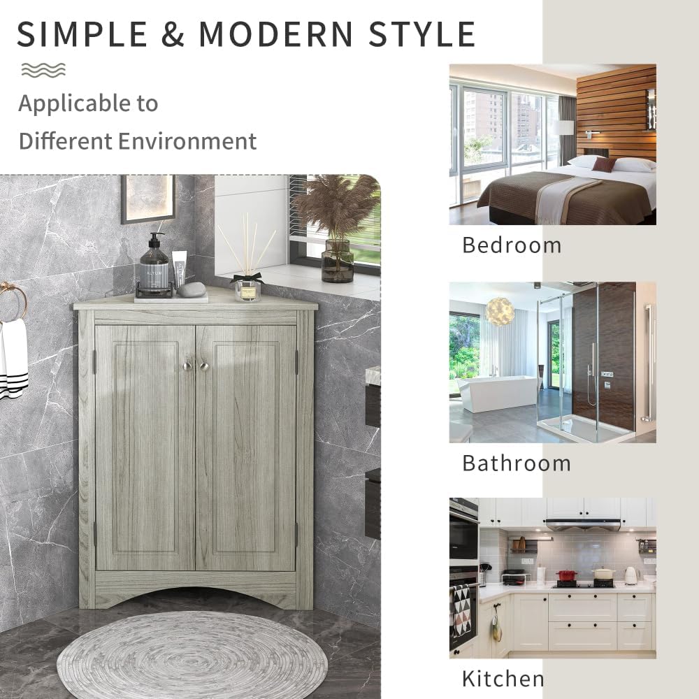 Triangle Bathroom Corner Storage Cabinet with Adjustable Shelves, Freestanding Floor Cabinet for Home Kitchen Corridor, Sturdy & Moisture-Proof (Oak)