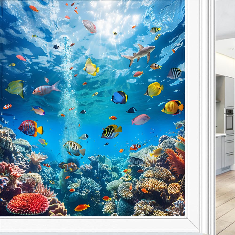 Modern Ocean Fish Window Privacy Film, Vintage Coral Water Nautical Frosted Window Film Static Cling Window Glass Covering for Home Office 70x100 cm