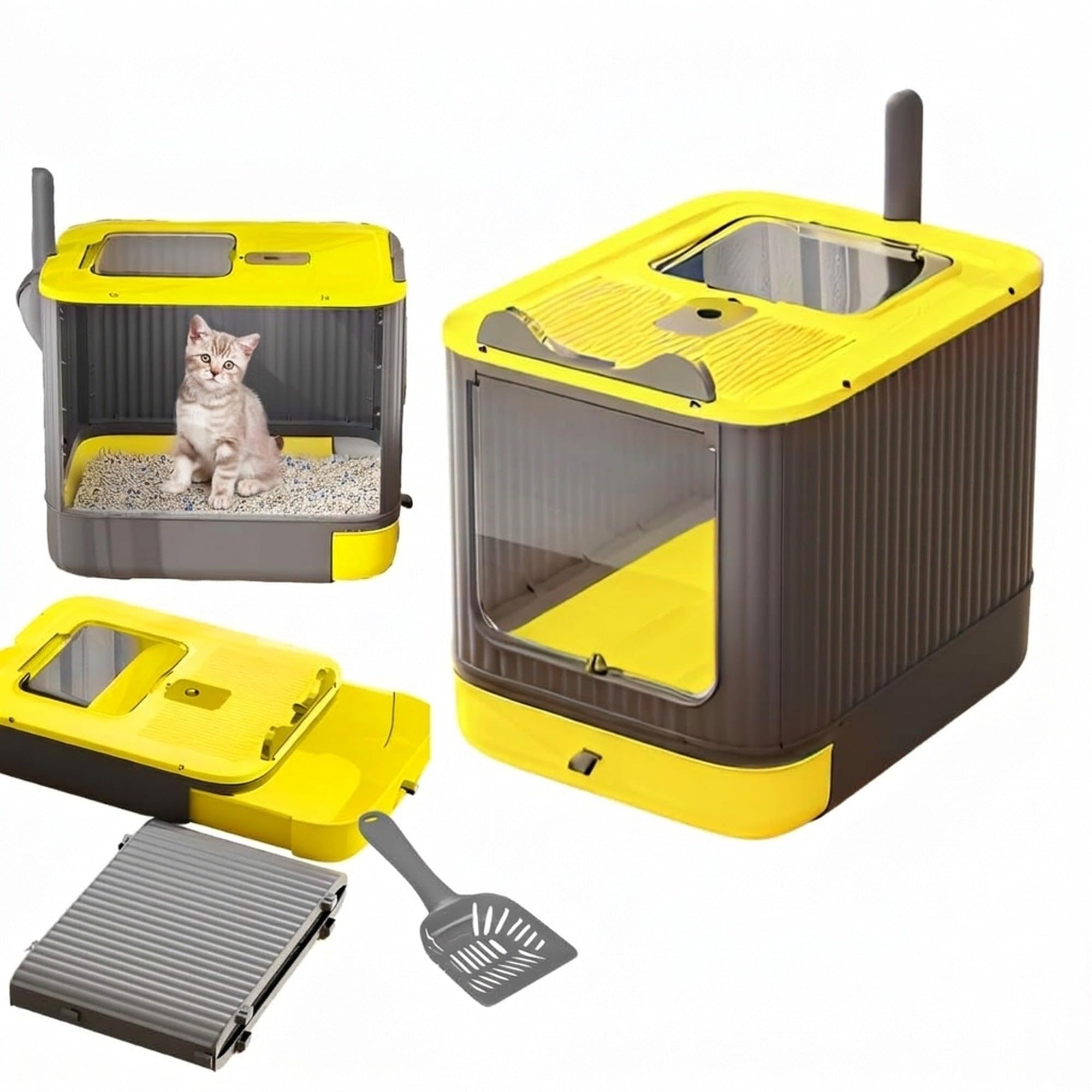 BREEZEE Arenero para Gato Cerrado Plegable Amarillo, Inodoro Sanitario Antiolores Tipo Mueble con Doble Salida, Caja de Arena Grande 44.5x34.5x37.5 cm, Incluye Pala y Bandeja Extraíble