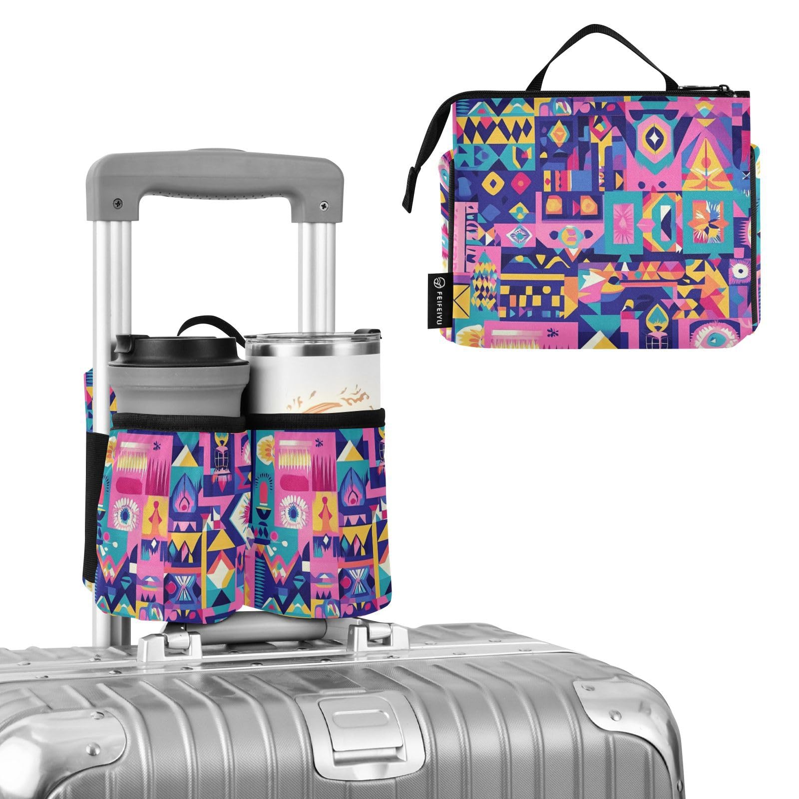 Travel Drink Holder Hands Free Bohemian Geometric Shape Rich Color Holder with Strap Two Cup Holder for Attendant Must Haves