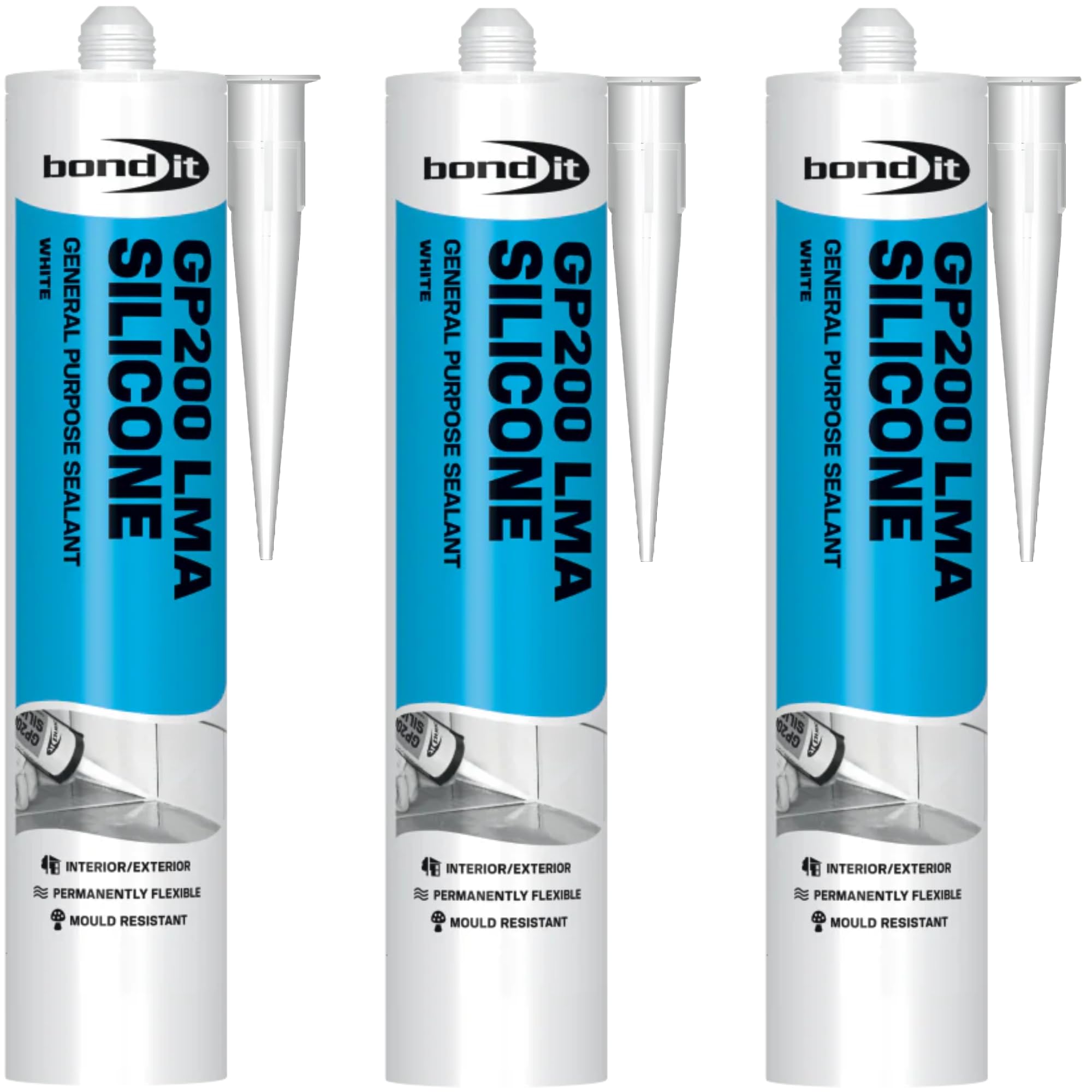 Bond It GP200 LM General Purpose Silicone Sealant White 280ml (Pack 3) | High Modulus Acetoxy Cure Silicone | Interior & Exterior Waterproof Sealant | Permanently Flexible & Mould Resistant