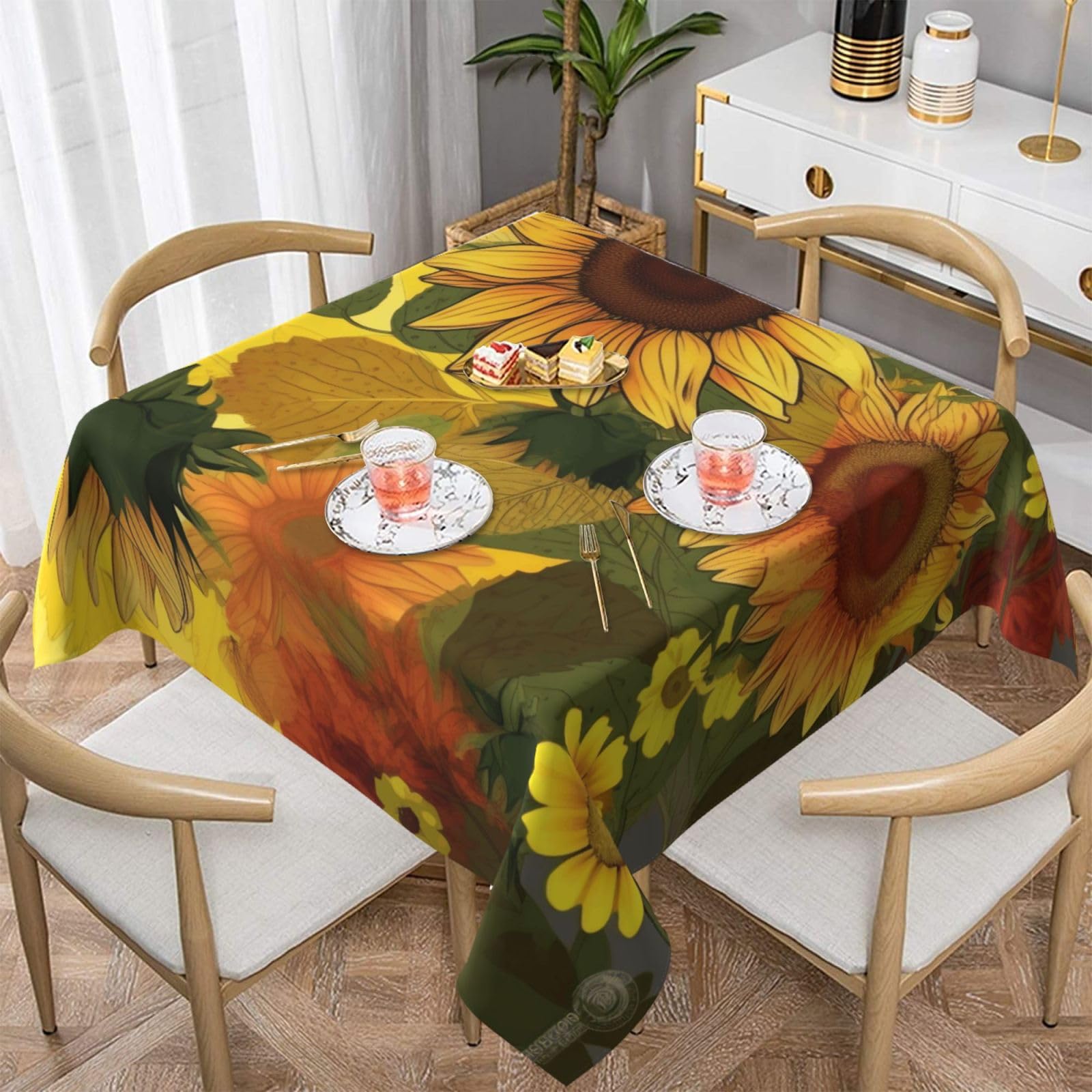 WPKJU Yellow Sunflowers Printed Square Tablecloth 54x54 inch Water Resistant Table Cover Washable Rectangle Table Cloth for Dining Tables