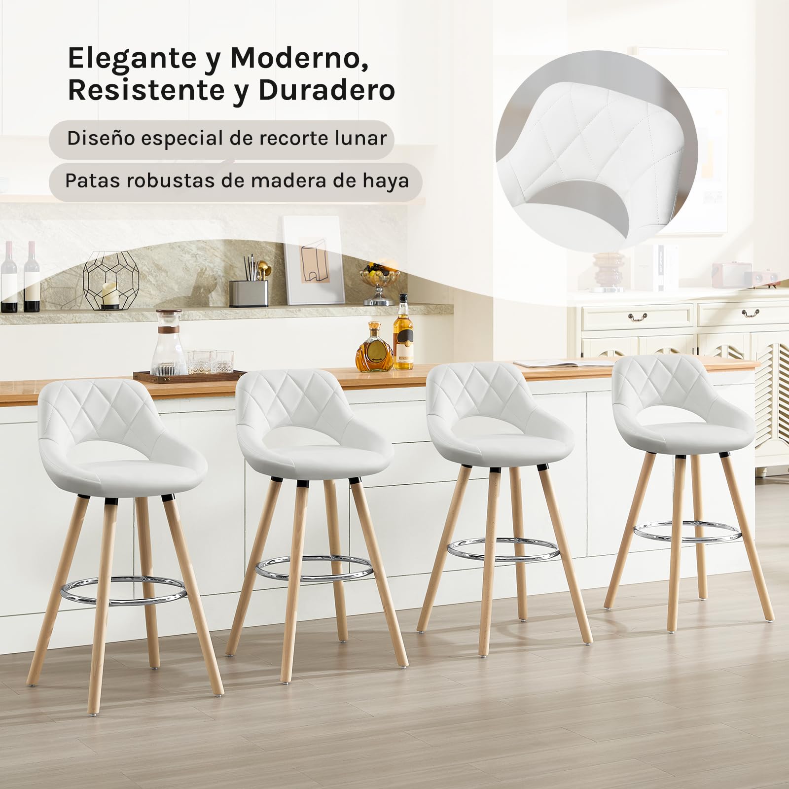 WOLTU Juego de 2 Taburetes Altos con Respaldo Ahuecado y Reposapiés, para Bistro, Cafeteria y Cocina, con Funda de Piel Sintética y Patas de Madera, Blanco