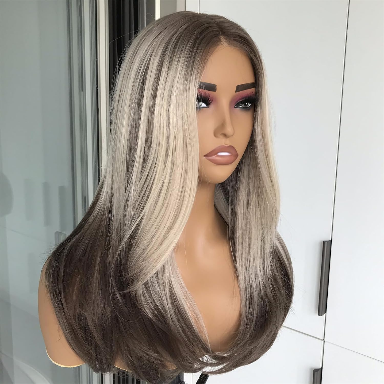 Ombre Blonde Brown Wear and Go Glueless Wigs Synthetic Layered Straight Wigs Pre Plucked Pre Cut Lace for Beginner Highlight Blonde Synthetic Lace Front Wig Medium Length 20inches 3 Seconds to Wear