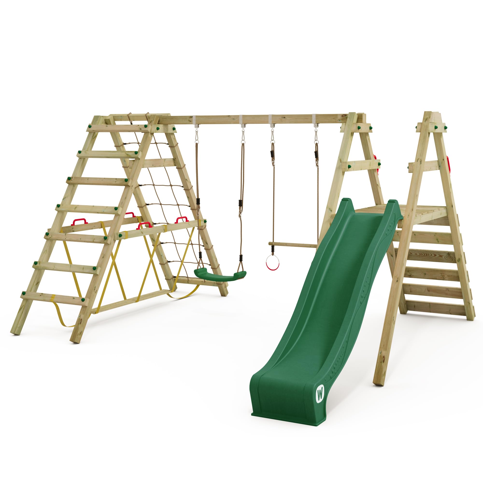 WICKEY Kinderschaukel Schaukelgestell Smart Shake mit Grüner Rutsche und Kletteranbau, Schaukel, Schaukelgerüst, Doppelschaukel, Holzschaukel für den Garten