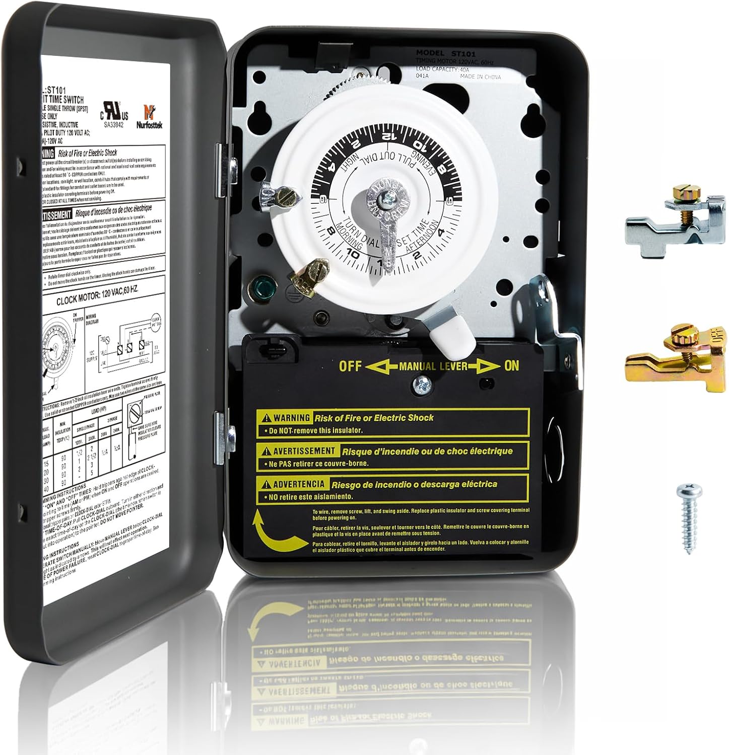 T101 24-Hour Mechanical Timer, 40A 120VAC SPST, 12 On/Off Operations, Indoor Use Only, for Commercial Refrigeration Defrost, Lighting, Fans, Pool Pumps, Irrigation Systems, Water Heater Timing Control