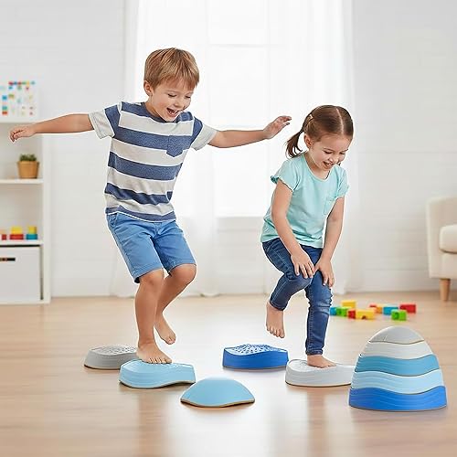 Special Supplies Stepping Stones for Kids, 5 Balance Indoor and Outdoor Blocks Promote Coordination, Balance, Strength, Child Safe Rubber, Non-Slip