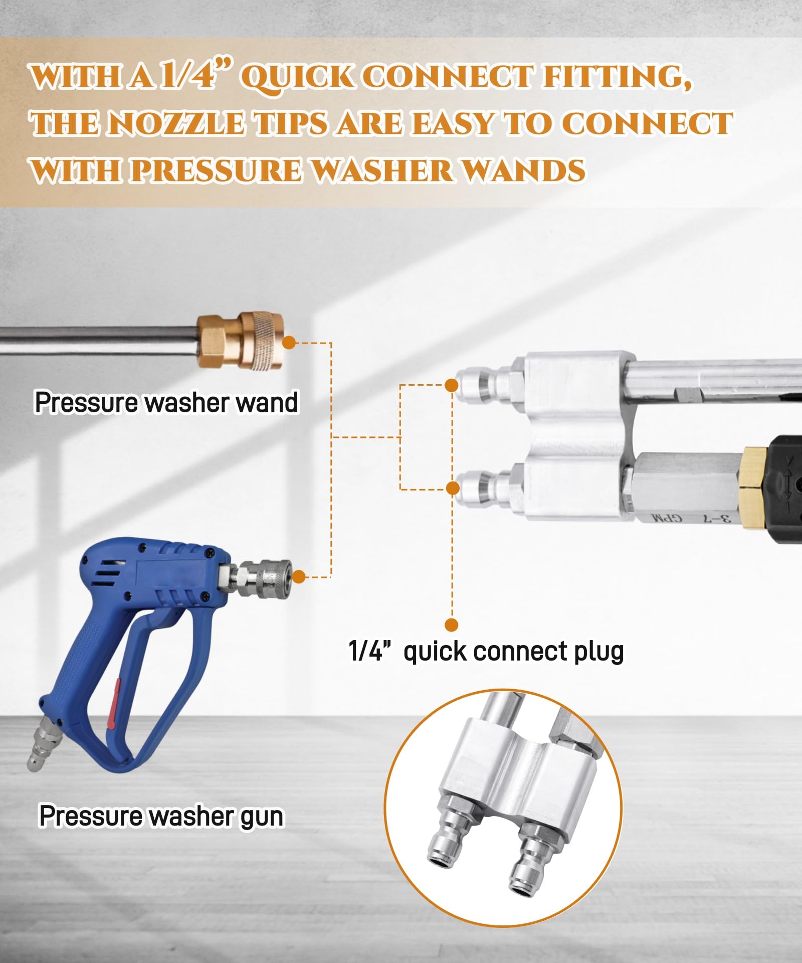 Ugelli girevoli regolabili M5 a valle, 3-7 GPM 2-in-1 ad alta pressione ugello per sapone a lungo raggio per lavaggio a pressione da 1000 a 6000 psi con connessione rapida da 1/4 di pollice, punta