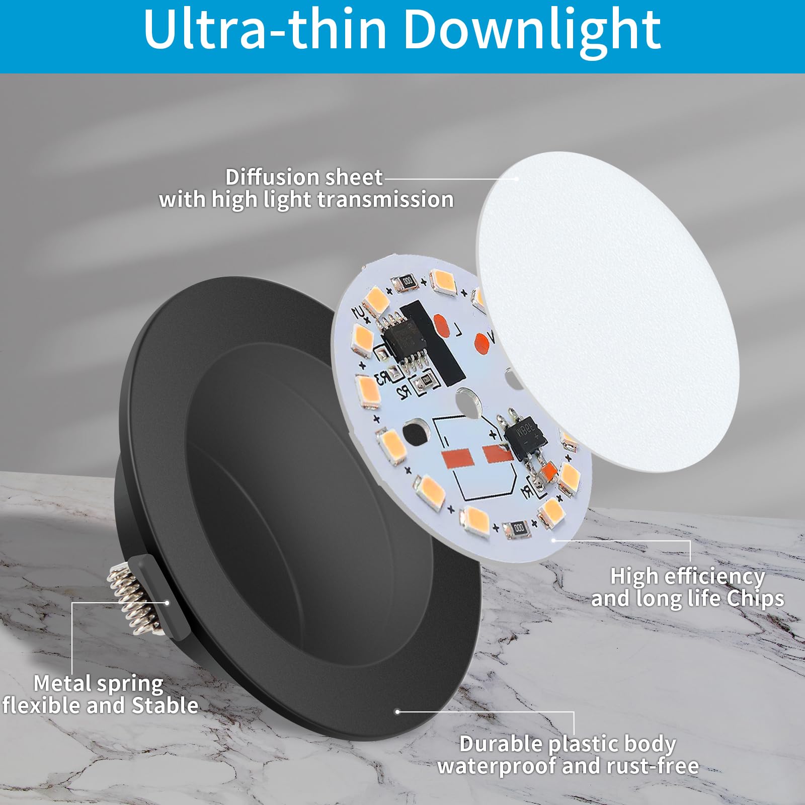 Wowatt Foco Empotrable LED Techo Negro IP44 Blanco Frío 6500K Downlight Redondo Extraplano Ф98x25mm 400LM 4W Equivalente a Halógena 40W Interior Ojo de Buey 220V Corte 75-85mm Pack 10