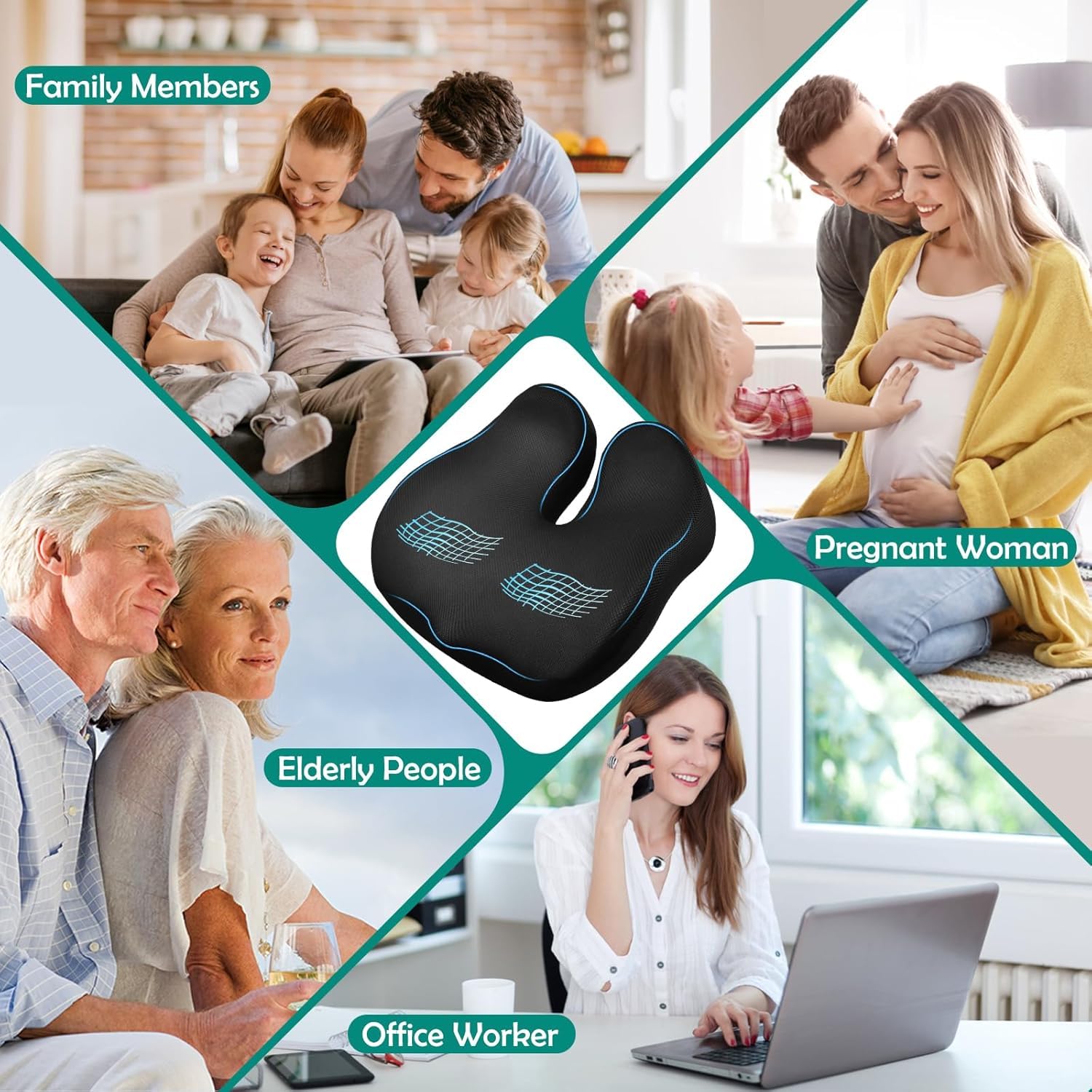 Cuscino Sedia Ufficio, Cuscino Ergonomico Memory Foam, Cuscino Ortopedico Seduta per Coccige, Allevia Sciatica e Dolori Lombari, Fodera Lavabile Antiscivolo, per Ufficio Casa Auto (Nero)