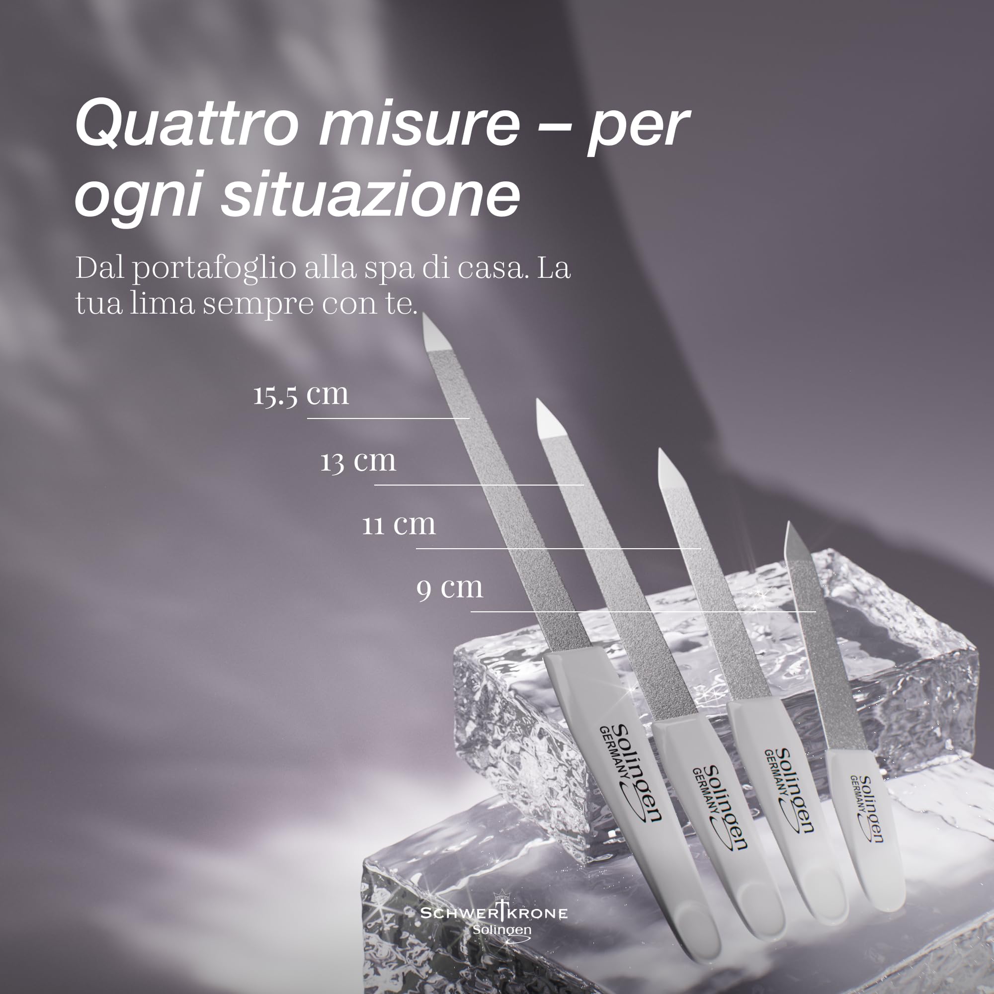 SCHWERTKRONE Set 4 Lime per Unghie in Zaffiro di Alta Qualità - Solingen, 4 Pezzi di Lime per Unghie in Diverse Misure, Ideali per Manicure e Pedicure