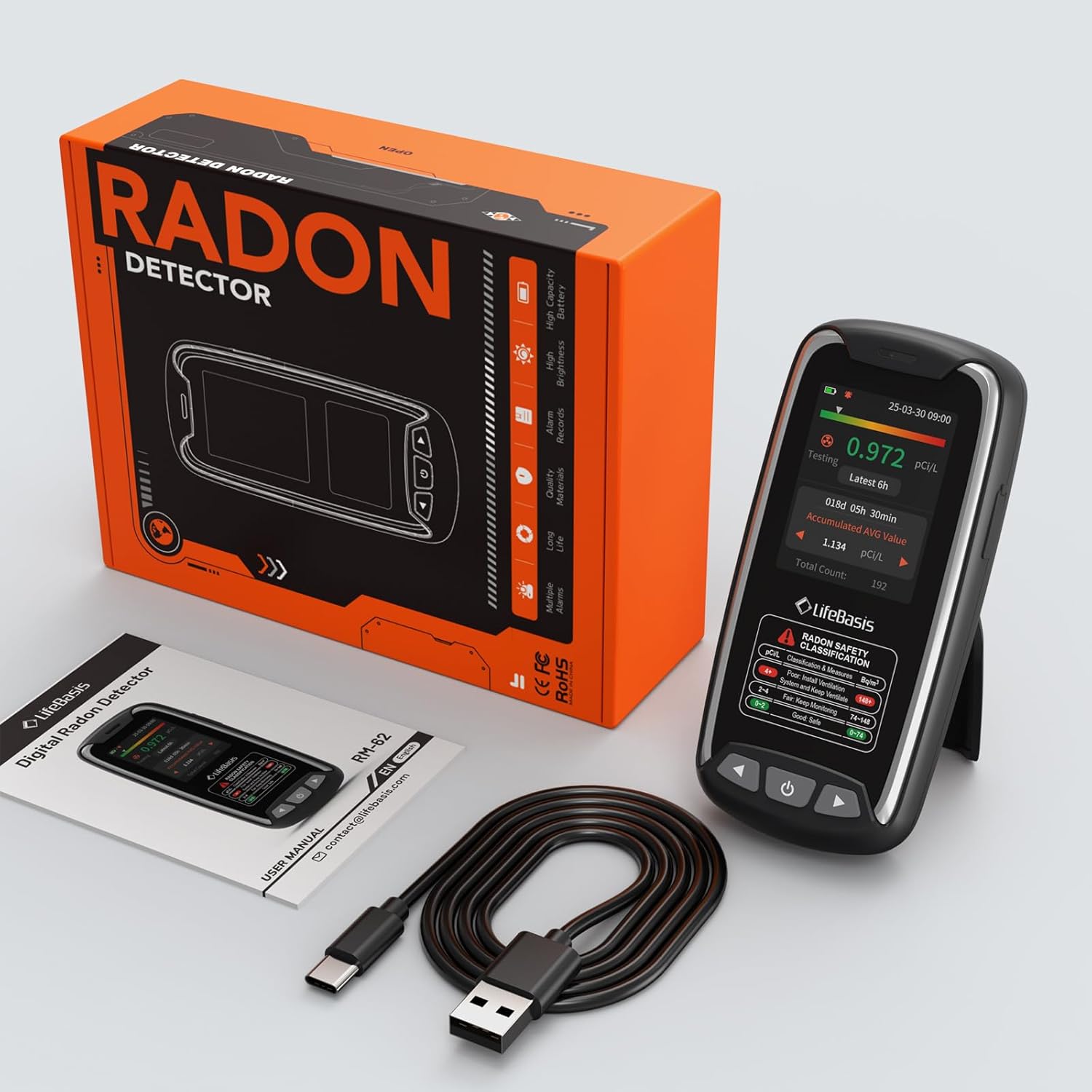 LifeBasis Radon Detector with TFT Color Display First Data Display in 6 Hours, Portable Radon Monitor for Home Rechargeable Radon Tester Long Data Storage with Visual and Audible Alarm pCi/L or Bq/m³ - Image 9