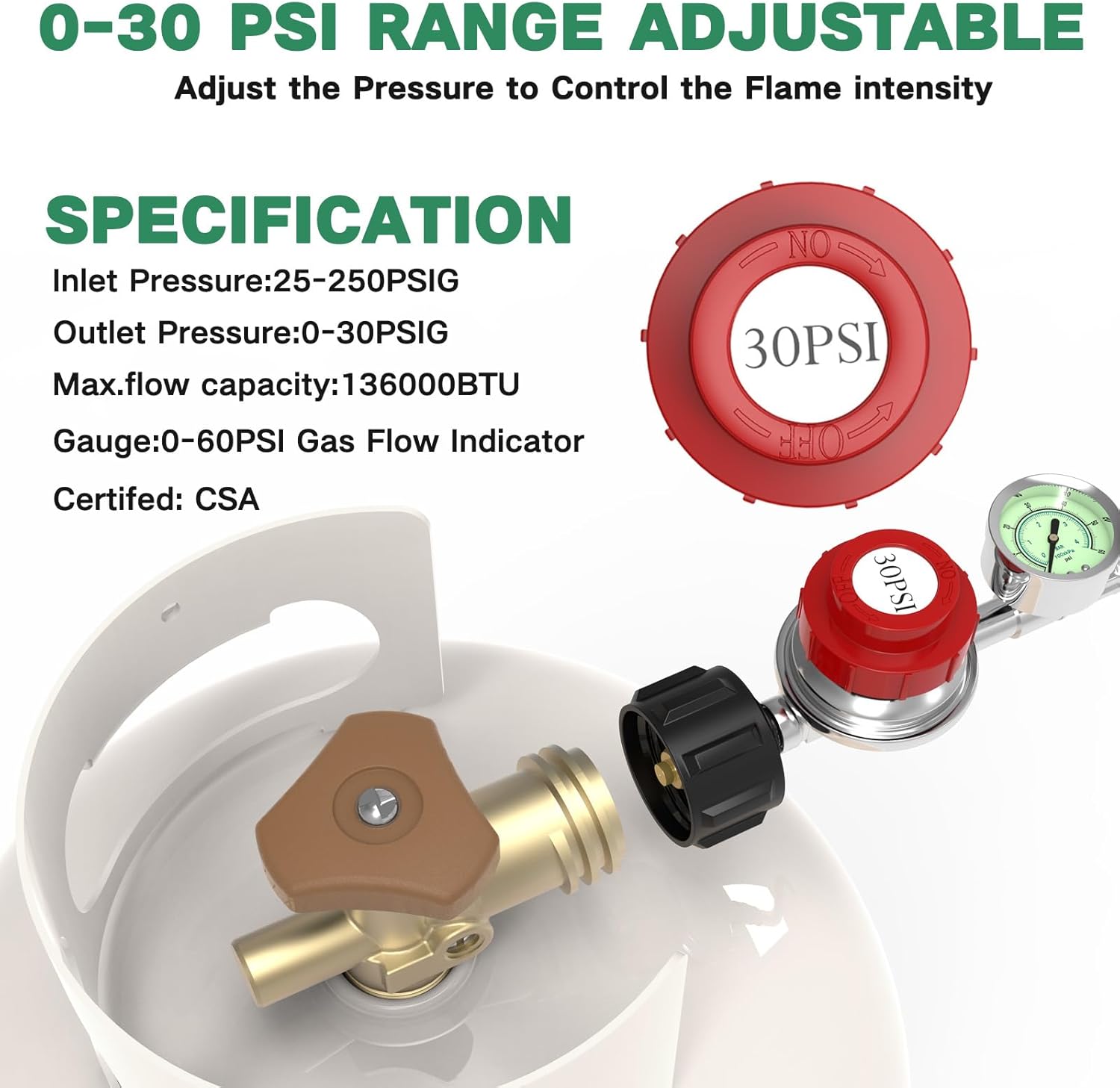 24FT 0-30 PSI Adjustable High Pressure Propane Regulator with Gauge 0~60PSI Gas Flow Indicator Stainless Propane QCC1 Hose with 3/8 Flare x 1/8 MNPT Fits for LP Gas Cooker, Burner, Turkey Fryer,Smoker