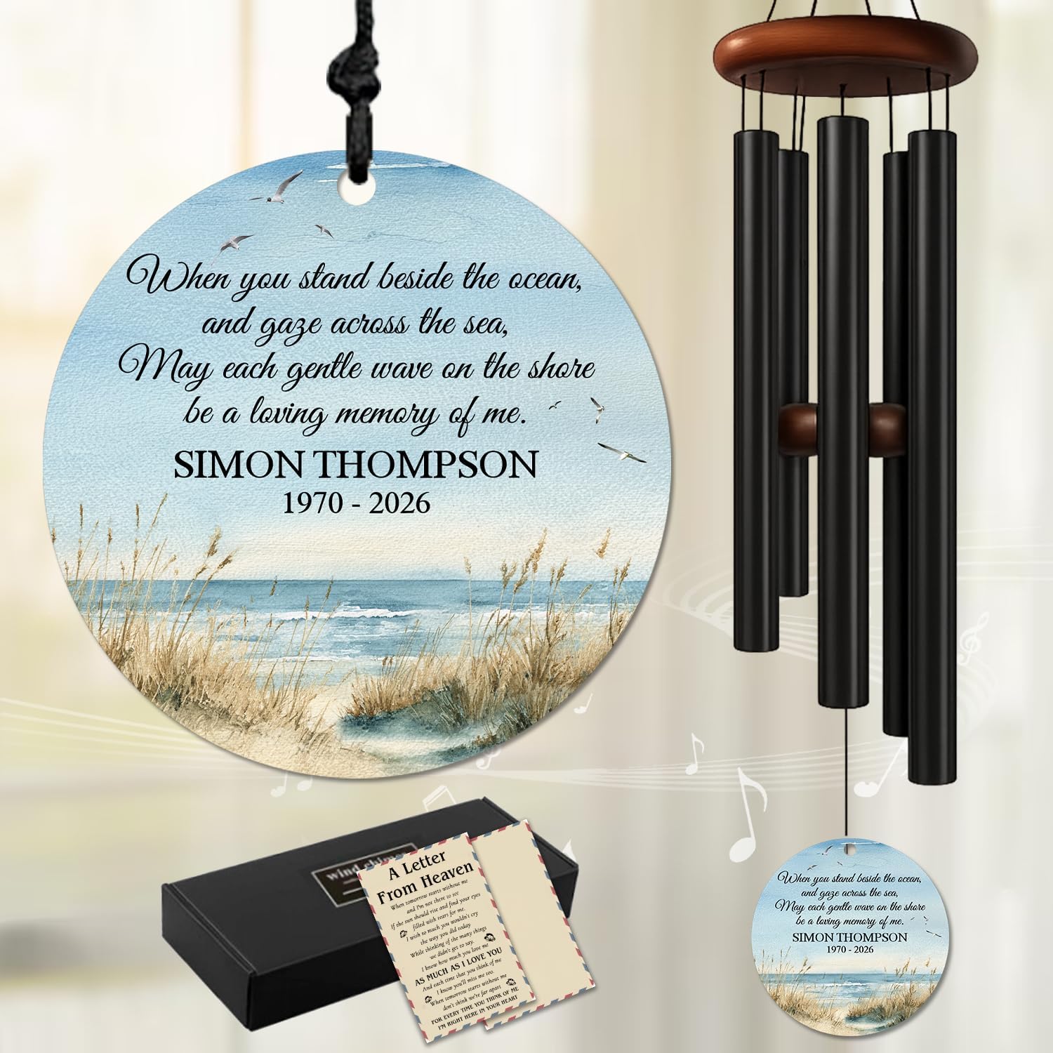 Personalized Ocean Memorial Wind Chimes for Outdoors – Custom Name & Years Remembrance Chime – Sympathy Gift for Loss of Loved One – Coastal Memory Keepsake for Garden, Porch, Window or Home
