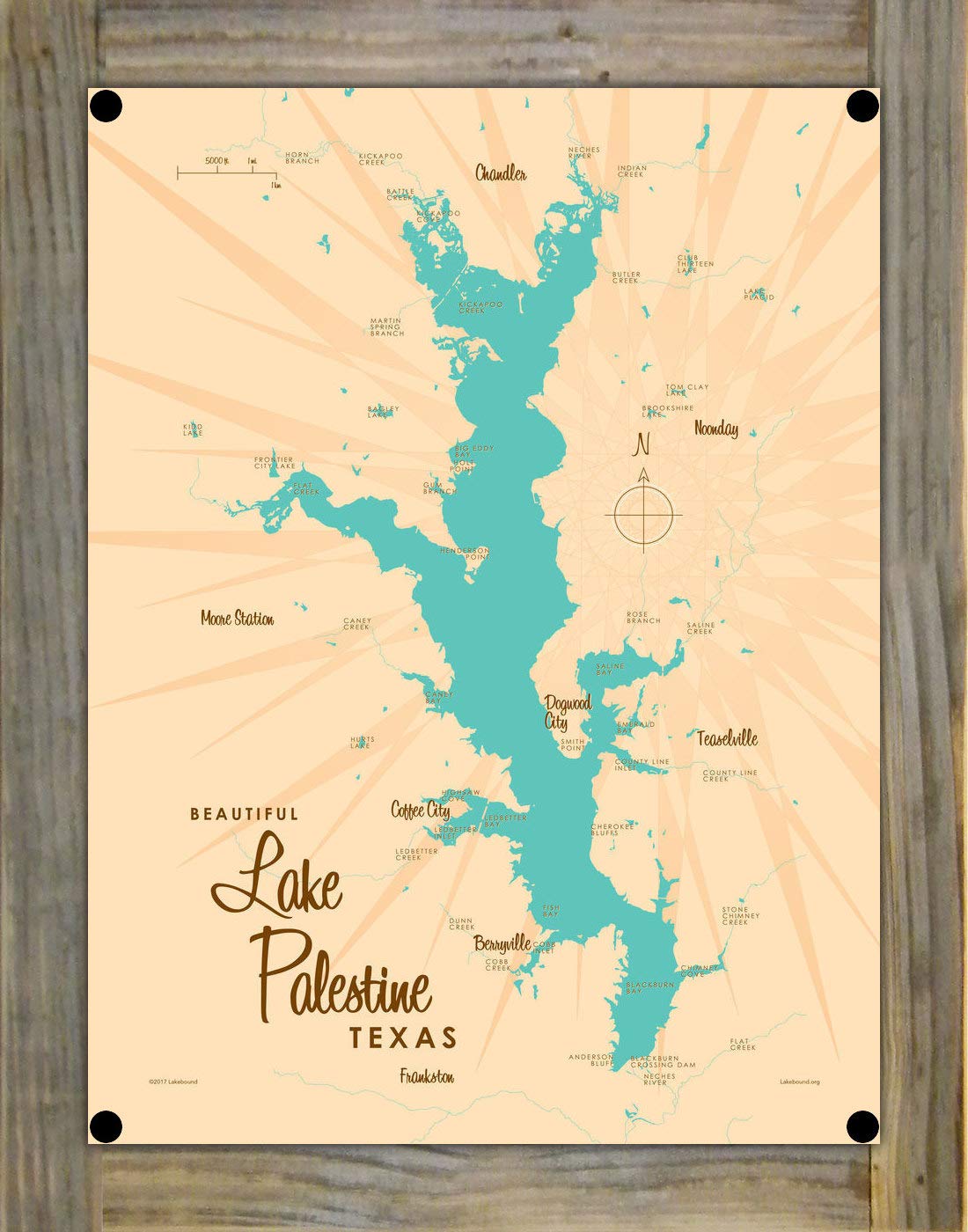 Northwest Art Mall Lake Palestine Texas Map Metal Print on Reclaimed Barn Wood from Illustration by Lakebound 8.5" x 11.5"