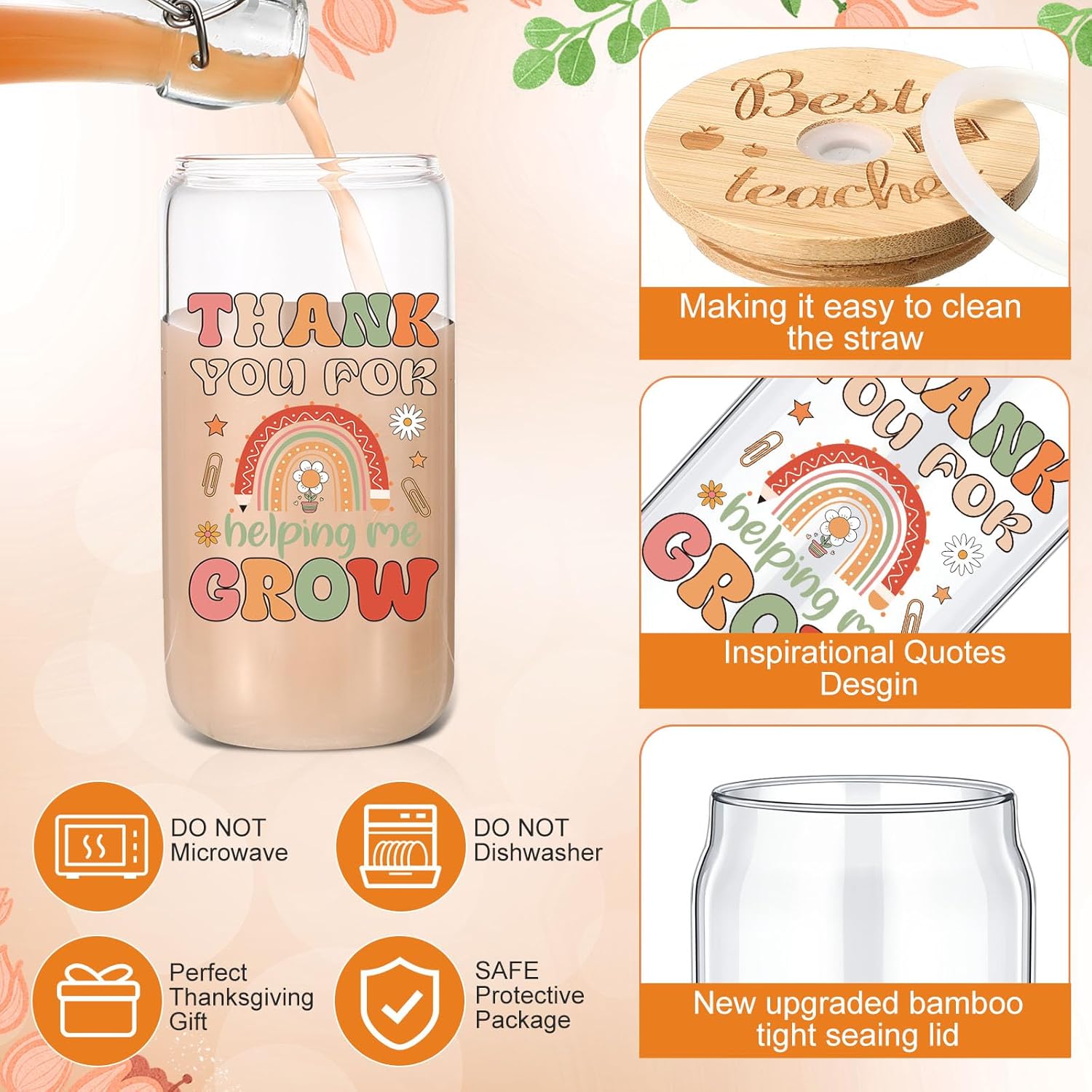 Tioncy 12 Pcs Teacher Appreciation Week Gifts Bulk 16 oz End of Year Thank You Teacher Glass Cups with Lids and Straw Inspirational Glass Drinking Tumbler Gifts for Teachers Professors Coworkers
