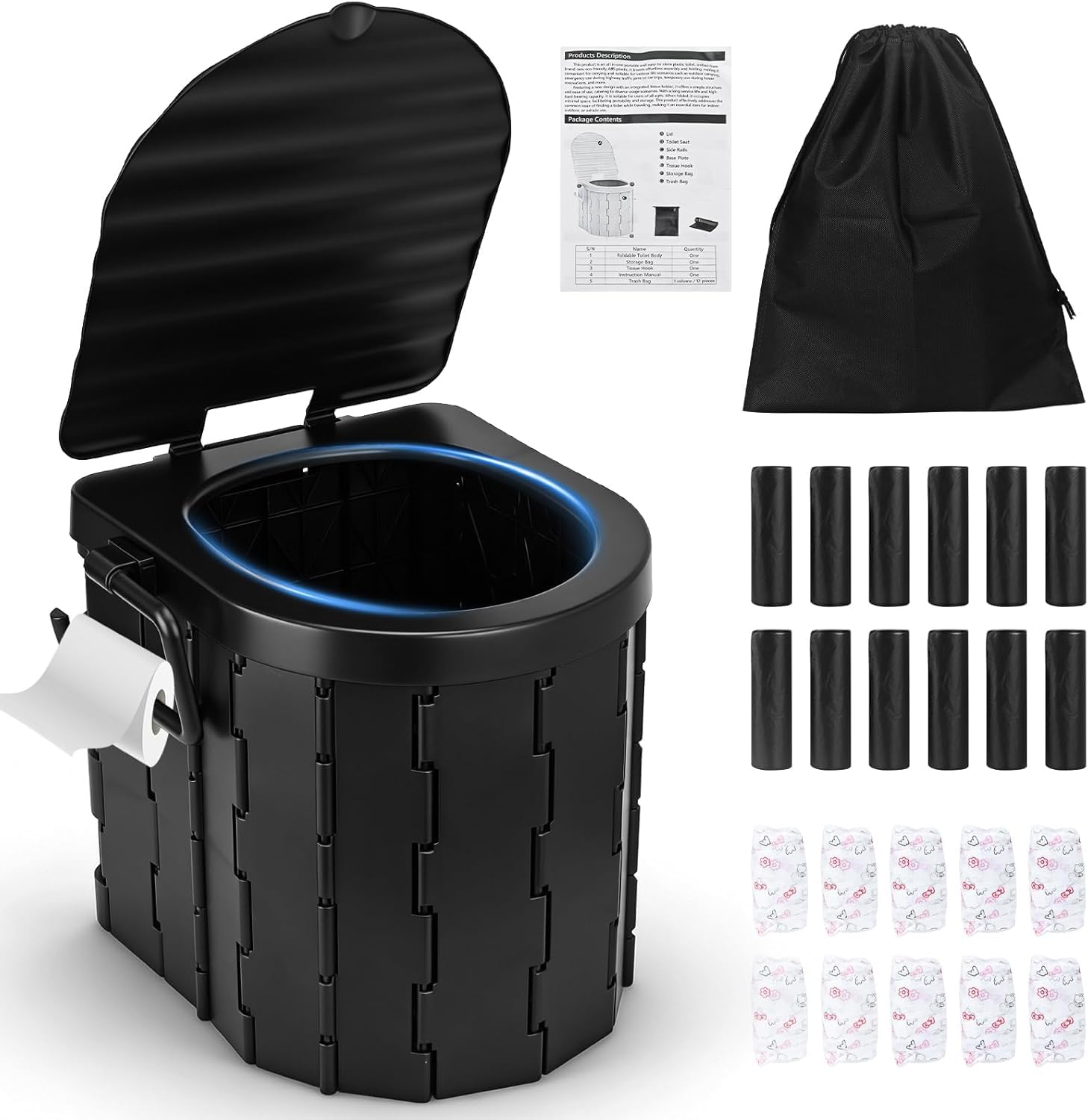 Siège de toilette pliable portable pour camping | Avec couvercle, support de papier toilette, pour voiture, camping, randonnée, camion, camping-car, plage