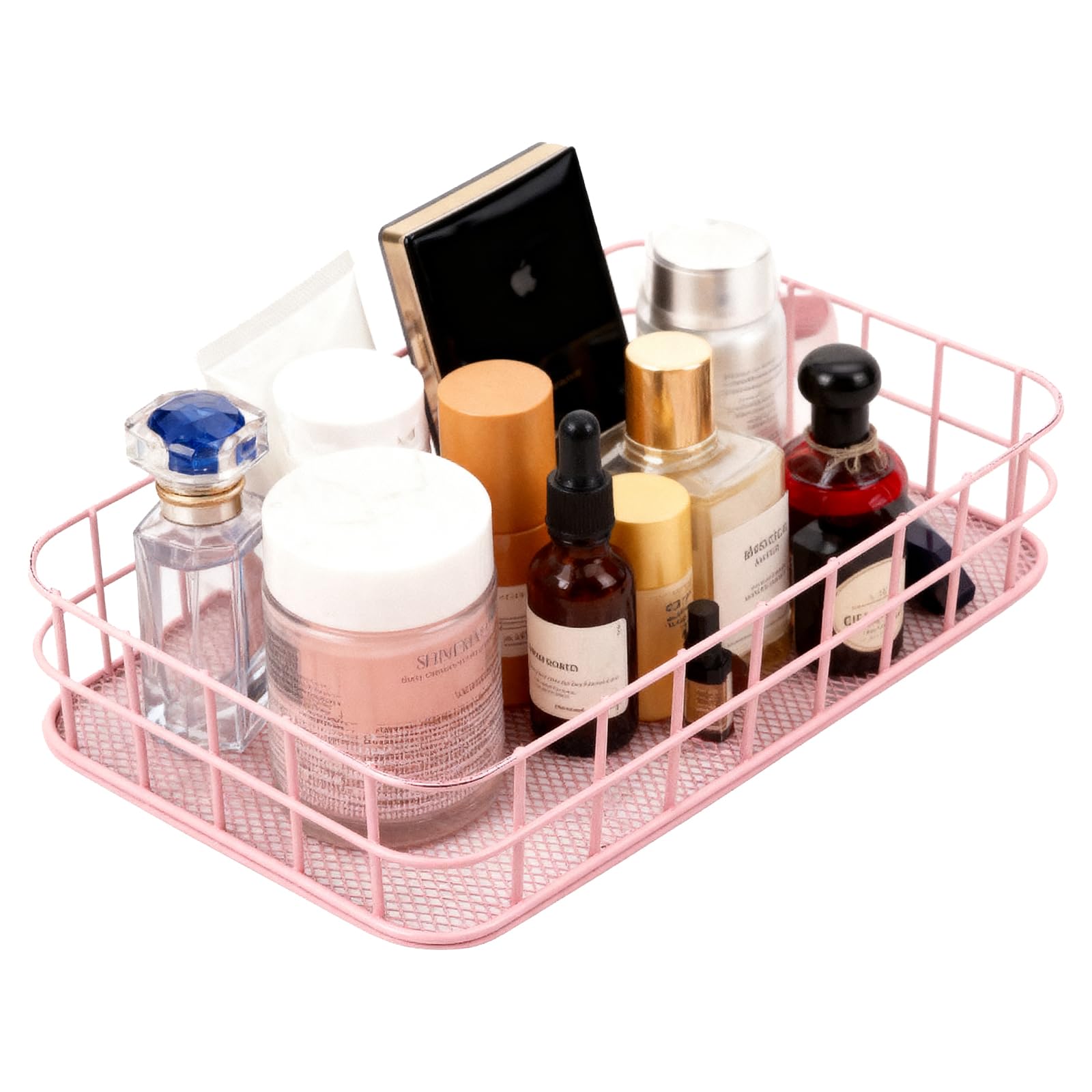 Metal Wire Storage Basket with Handles – Decorative Office Organizer Bin, Small Cube Storage Basket for Desk, Shelf, Closet, and Home Organization (Pink)