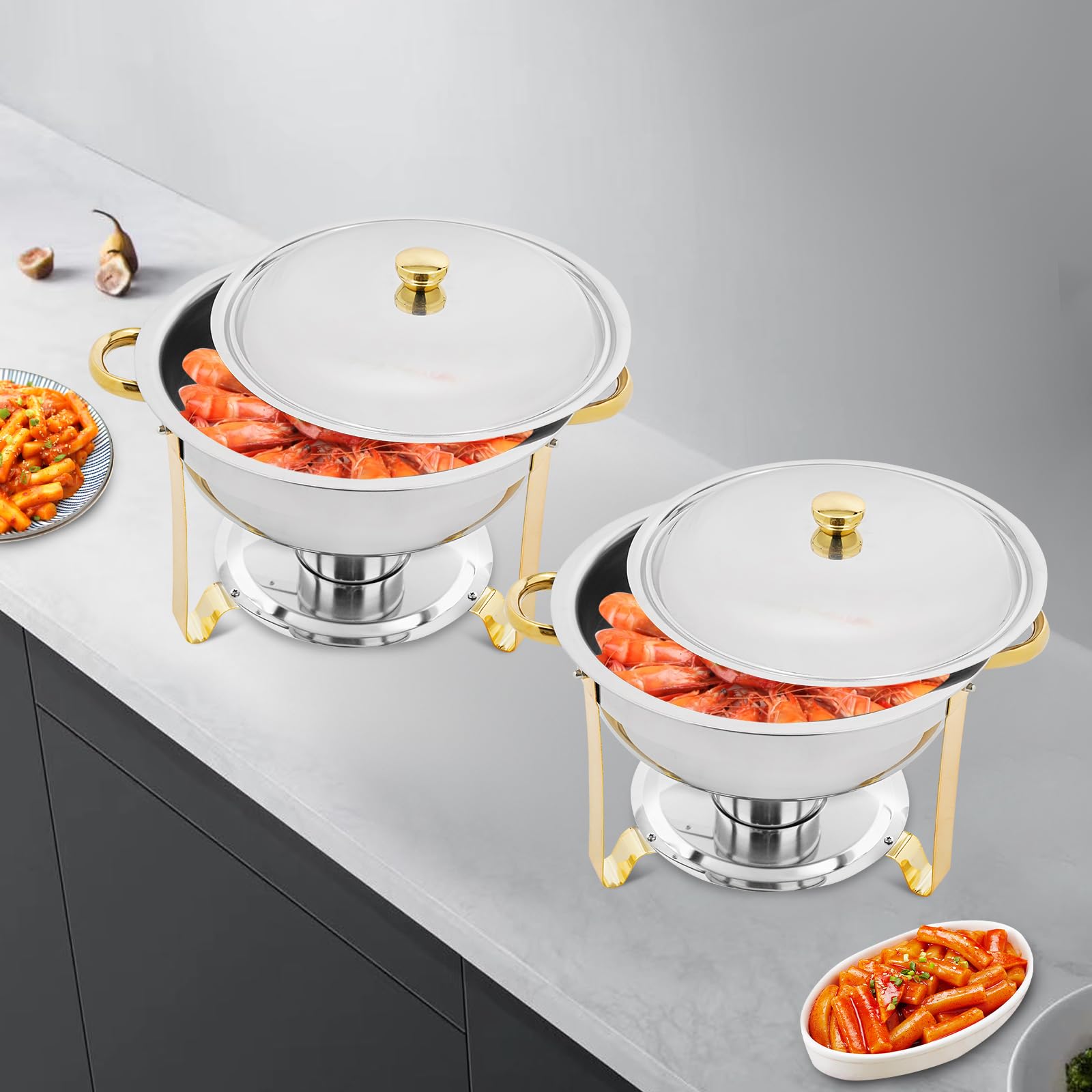 Set da 4,5 l Chafing Dish Buffet in acciaio inox, contenitore termico rotondo, per catering, buffet e feste (oro/set da 2)