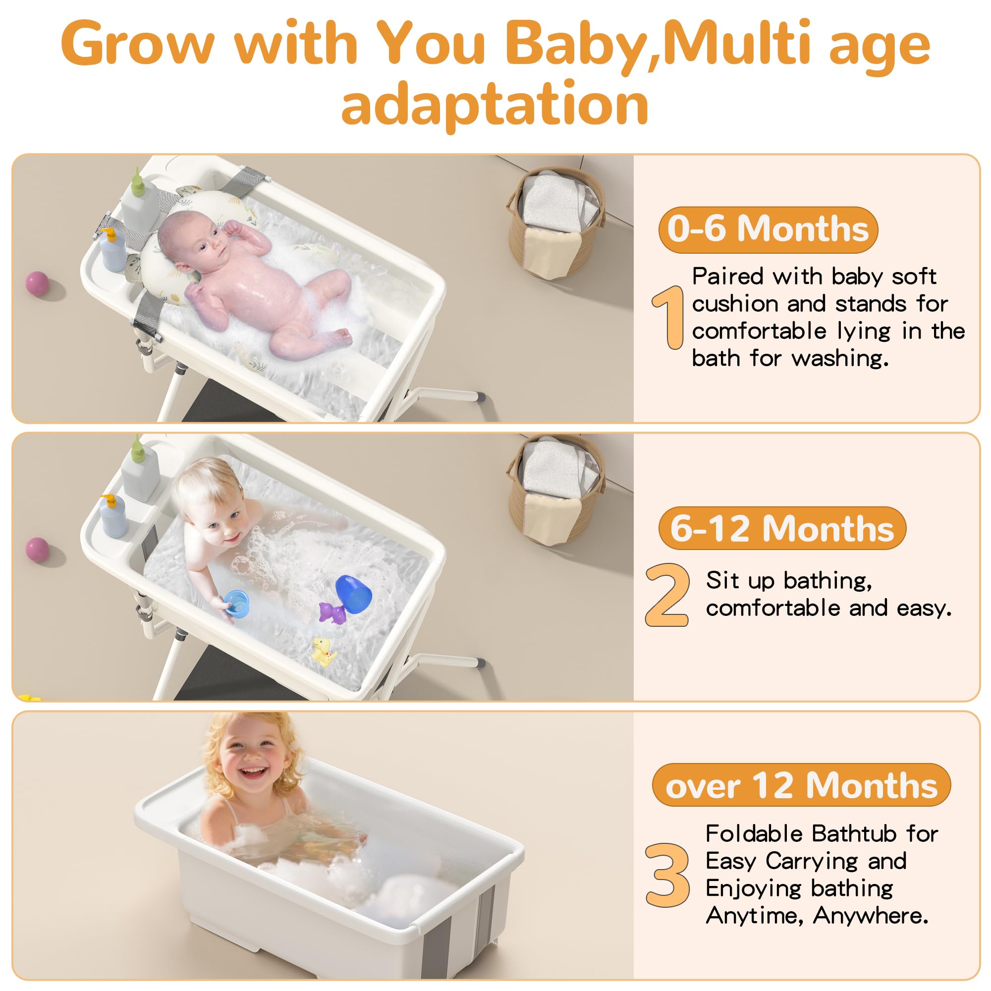 INeibo Baignoire Pliable Bébé Sur Pied Avec Coussin & Vidange - 0 à 36 Mois Gris