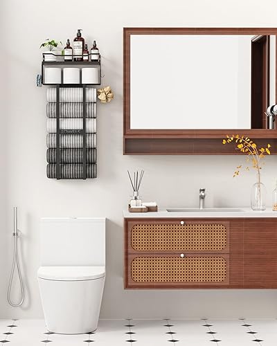 Miniatura 6 de Toalleros para baño de 31 pulgadas montado en la pared, estante flotante con tablón de madera, almacenamiento de toallas para baño puede contener 6