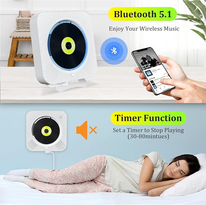 KOVCDVI CD Lejátszó Bluetooth Hangszóróval Fali Szereléshez FM Rádió USB TF Kártya AUX LCD Kijelző Távirányító