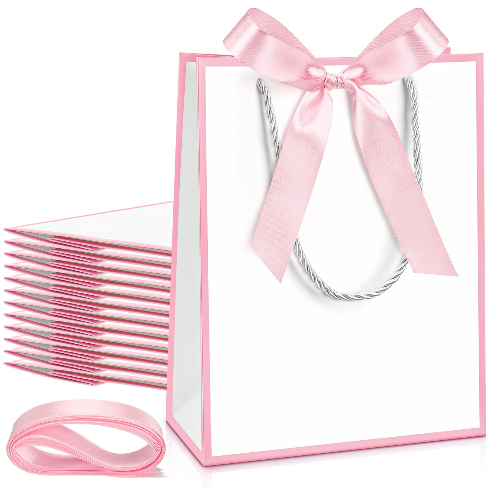 Silkfly 12 Pcs Wedding Paper Gift Bags with Handle 9x7x3.15'' Thank You Gifts Bags with Ribbon Bow Bridal Shower Gifts for Baby Shower Graduation Holiday Birthday Party Supplies (White,Pink) โ image 1