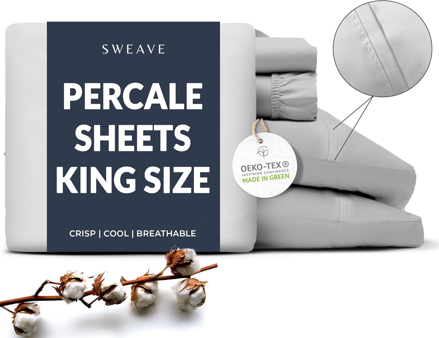 100% Cotton Percale Sheets King Size - Cool & Crisp Hotel Feeling, Breathable, Softer After Each Wash, Fitted Sheets with Deep Pockets, Double-Elastic & Corner Straps, Z-Hem Luxury Stitching