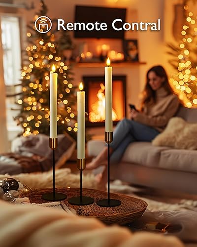 Miniatura 4 de Homemory 12 velas cónicas de plástico sin llama con temporizador remoto, candelabros LED marfil con luz de llama parpadeante, velas cónicas