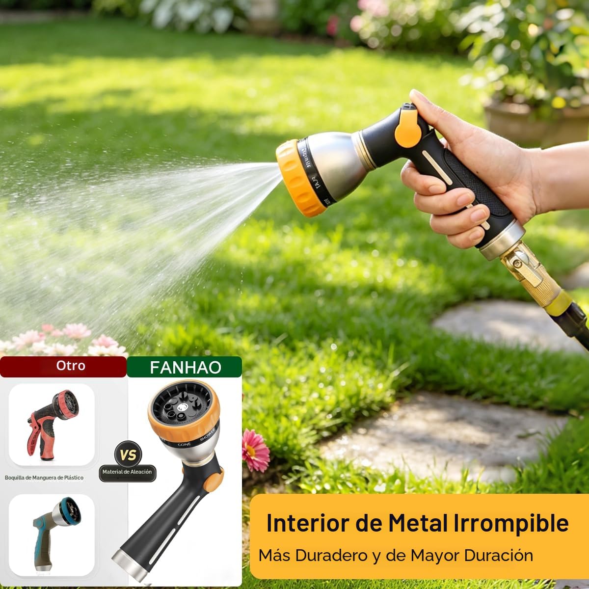 FANHAO Pistola de Riego, de Metal 100% Resistente,se Puede Controlar con El Pulgar, con 8 Patrones de Rociado a Presión Ajustables Para Regar Plantas, lavar Coches Y Duchar Mascotas