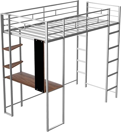 Miniatura 4 de Cama tipo loft de metal tamaño individual con escritorio y estantes marco de litera individual con 2 escaleras y barandilla de longitud completa