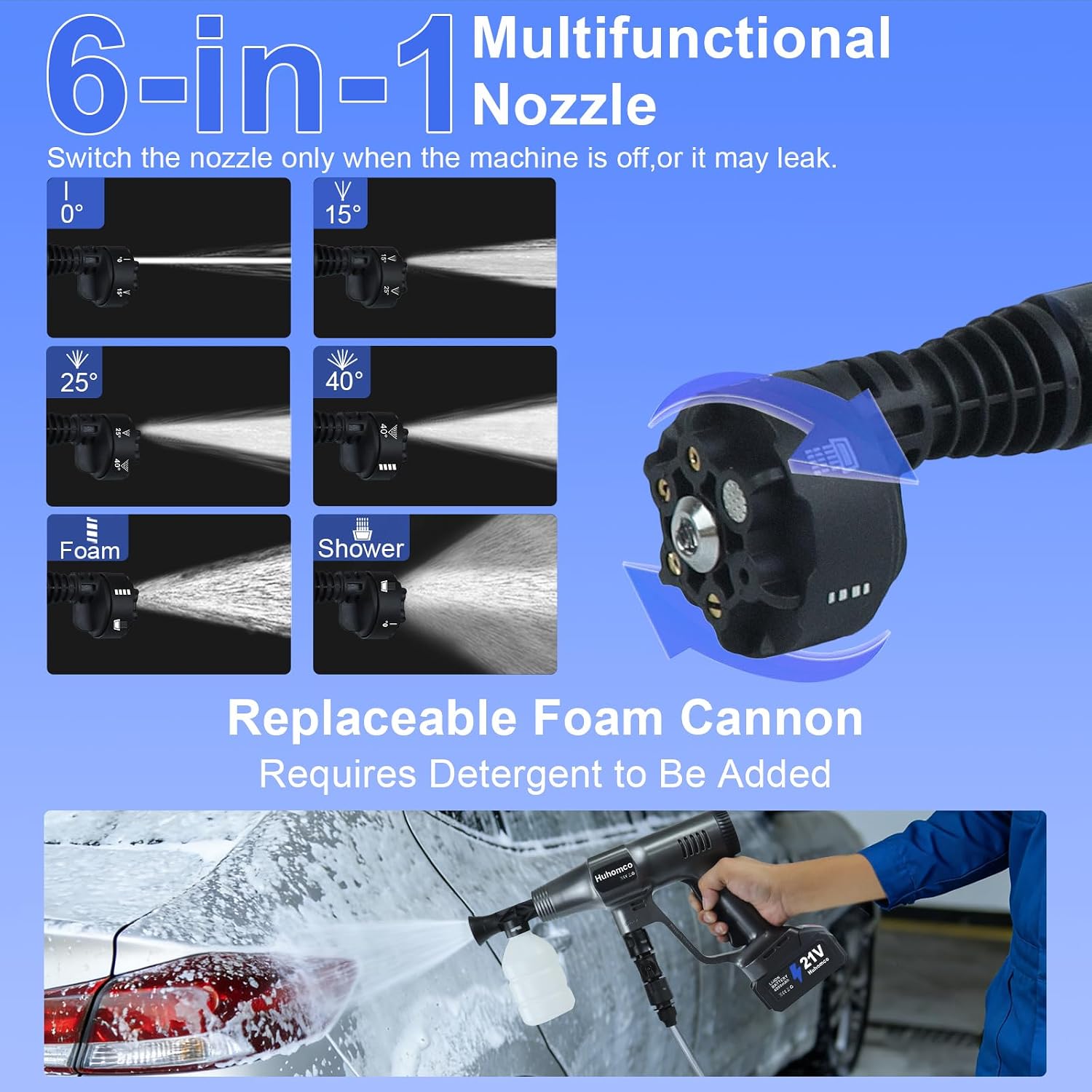 Close-up of the 6-in-1 multifunctional nozzle and foam cannon attachment