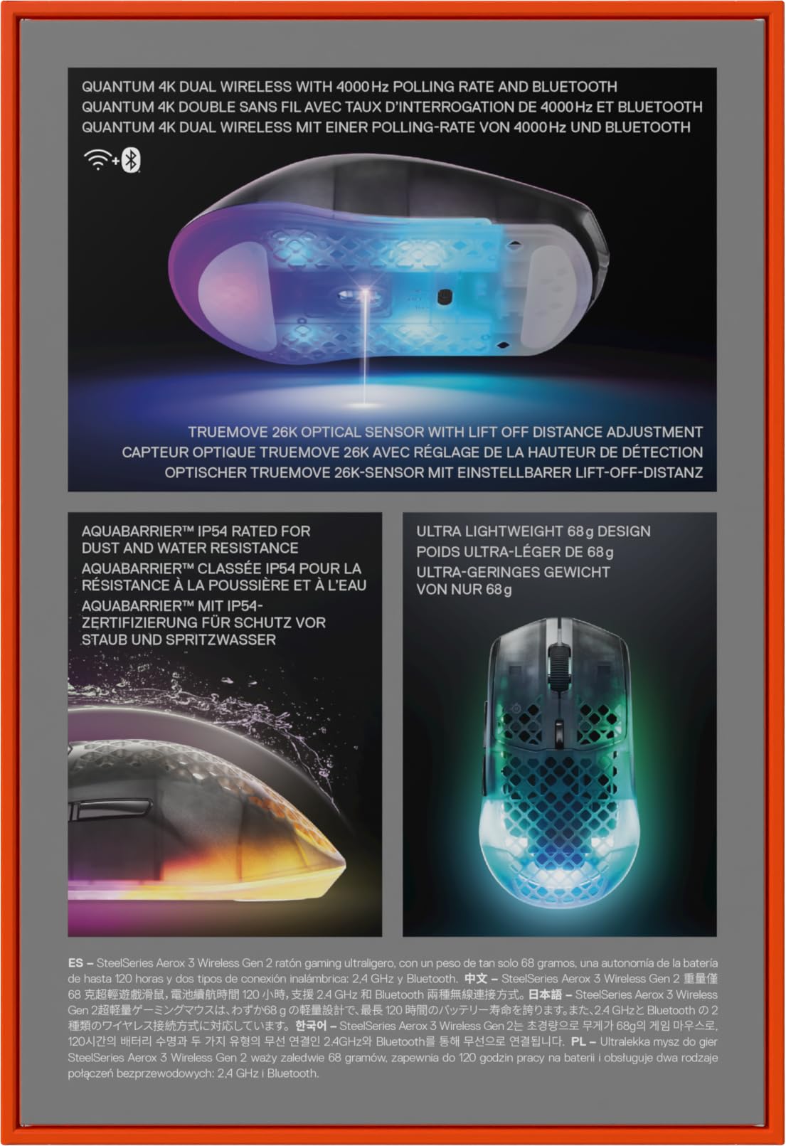 SteelSeries Aerox 3 Wireless Gen 2 – superlekka mysz dla graczy, polling 4K, sensor optyczny 26K DPI, 200 godzin pracy, wodoodporność IP54, 80 mln kliknięć, RGB, ślizgacze 100% PTFE, Shadow