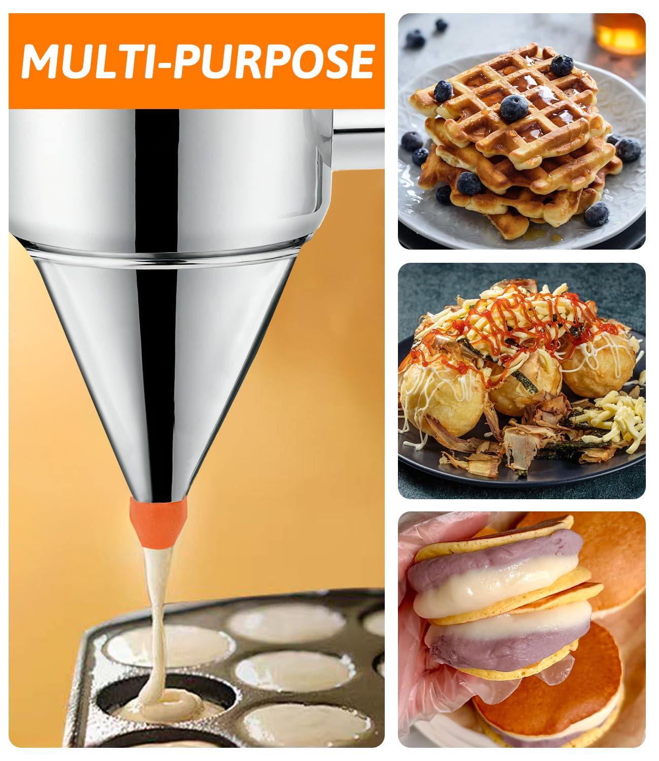 Imbuto Cucina, 1200ml Imbuto per Pasticceria da Cucina in Acciaio Inox, Dosatore per Impasti con Supporto e 4 beccucci in silicone per Torte, Frittelle, Dessert, Waffle, Muffin