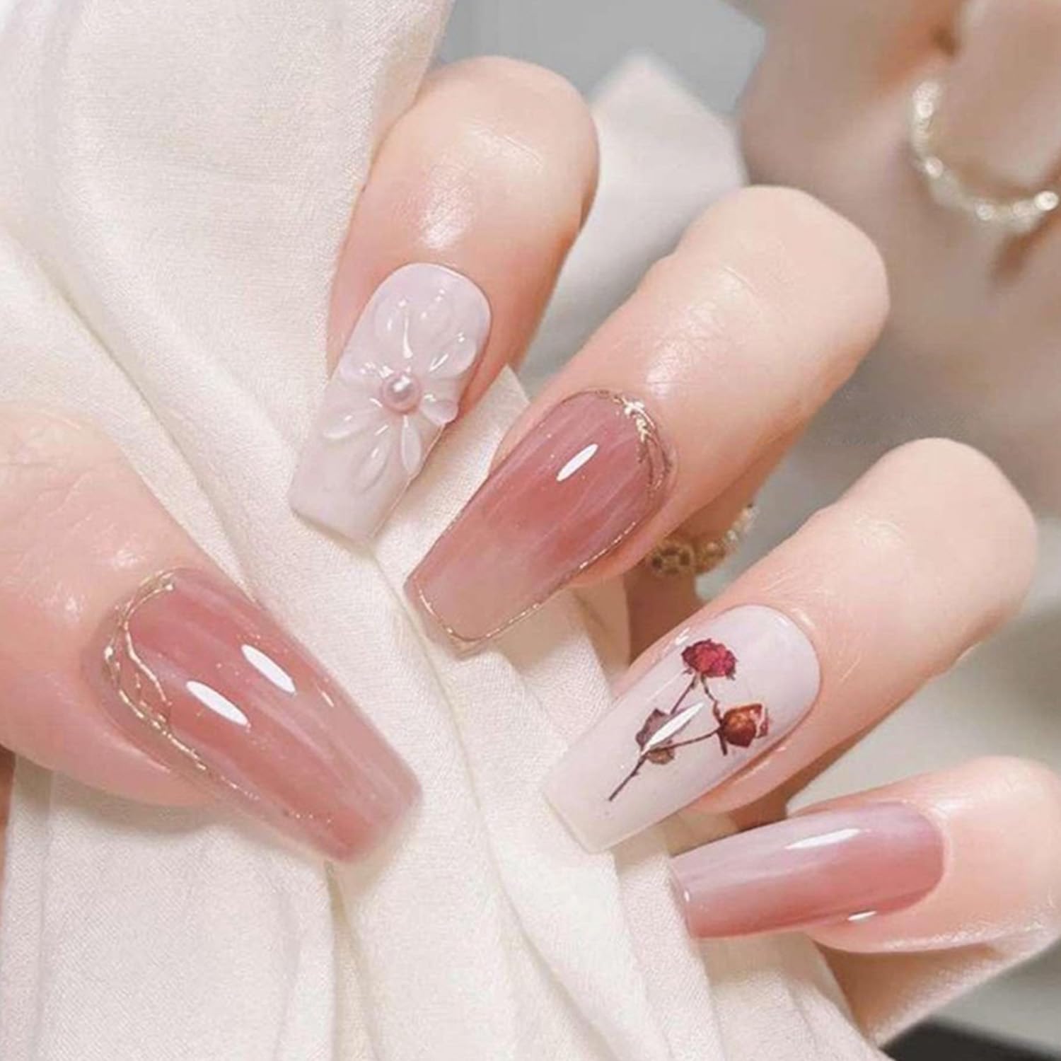 Acrylic Press-On Nails Set with Handmade Gel Polish Patterns and Decorations for Salon-Quality Manicure at Home (Rose)