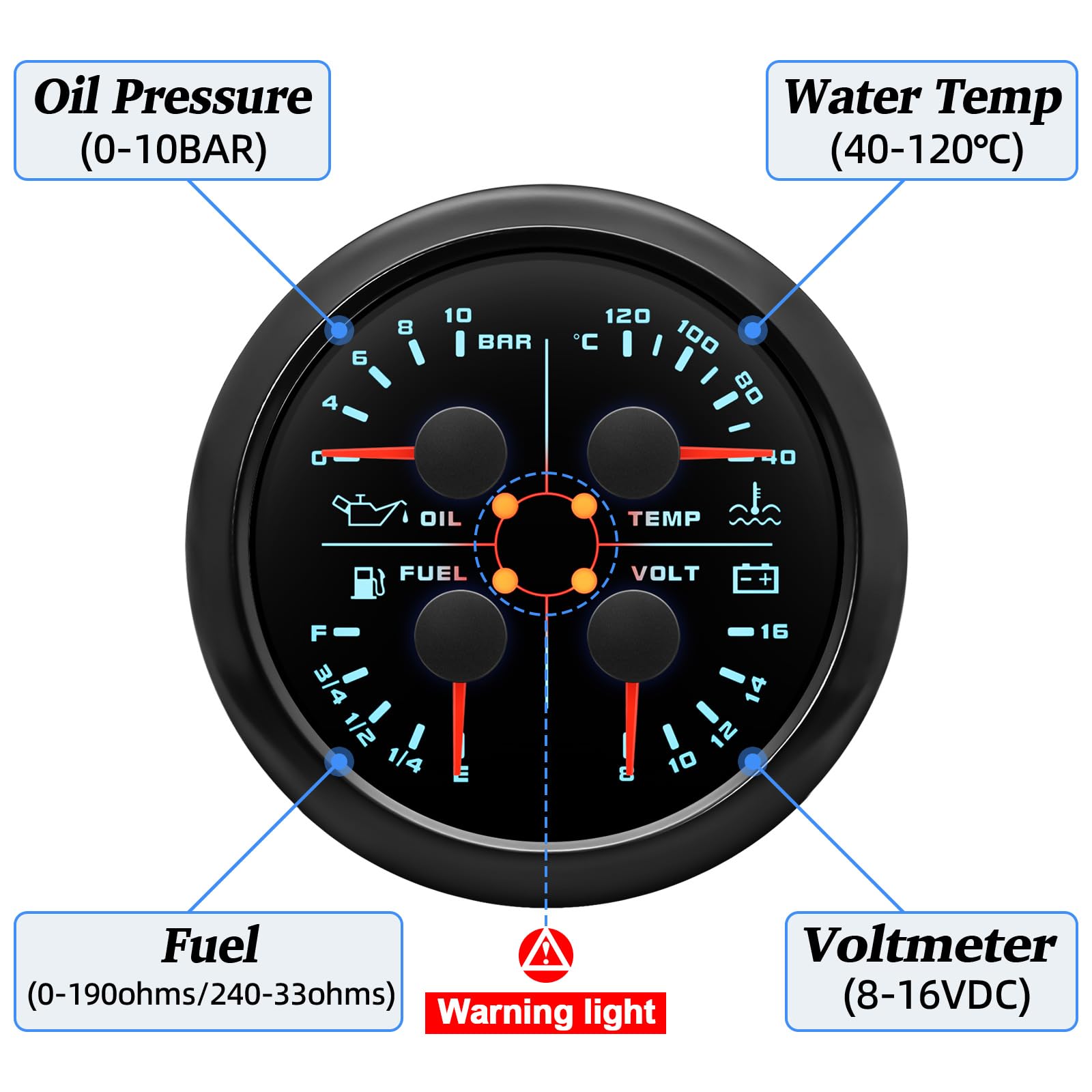 85mm 4in 1 Multifunktionales Messgerät, wasserdichter Kraftstoffstand Öldruck Wassertemperaturmesser für Auto Wohnmobil Boot Motorrad