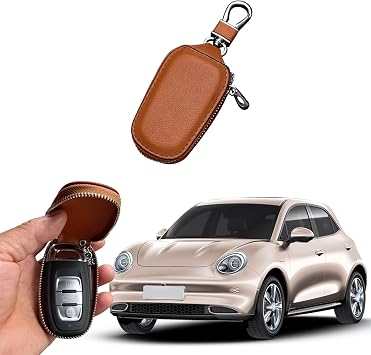Stylish Car Key Case with Keychain and Zipper, Vehicle Genuine Leather Key Fob Cover, Universal Car Key Case Holder for Remote Key Cover Replacement Coffee