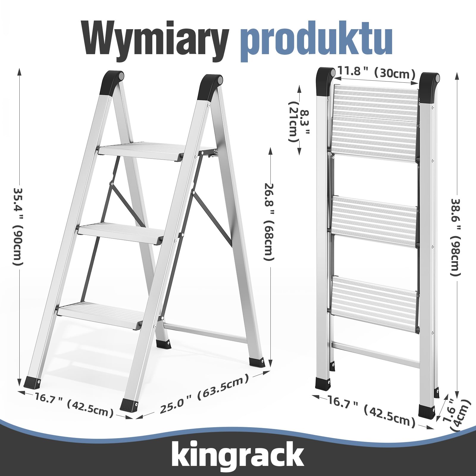 KINGRACK Aluminiowa drabina składana 3-stopniowa, antypoślizgowa poręcz, do 150 kg, srebrna