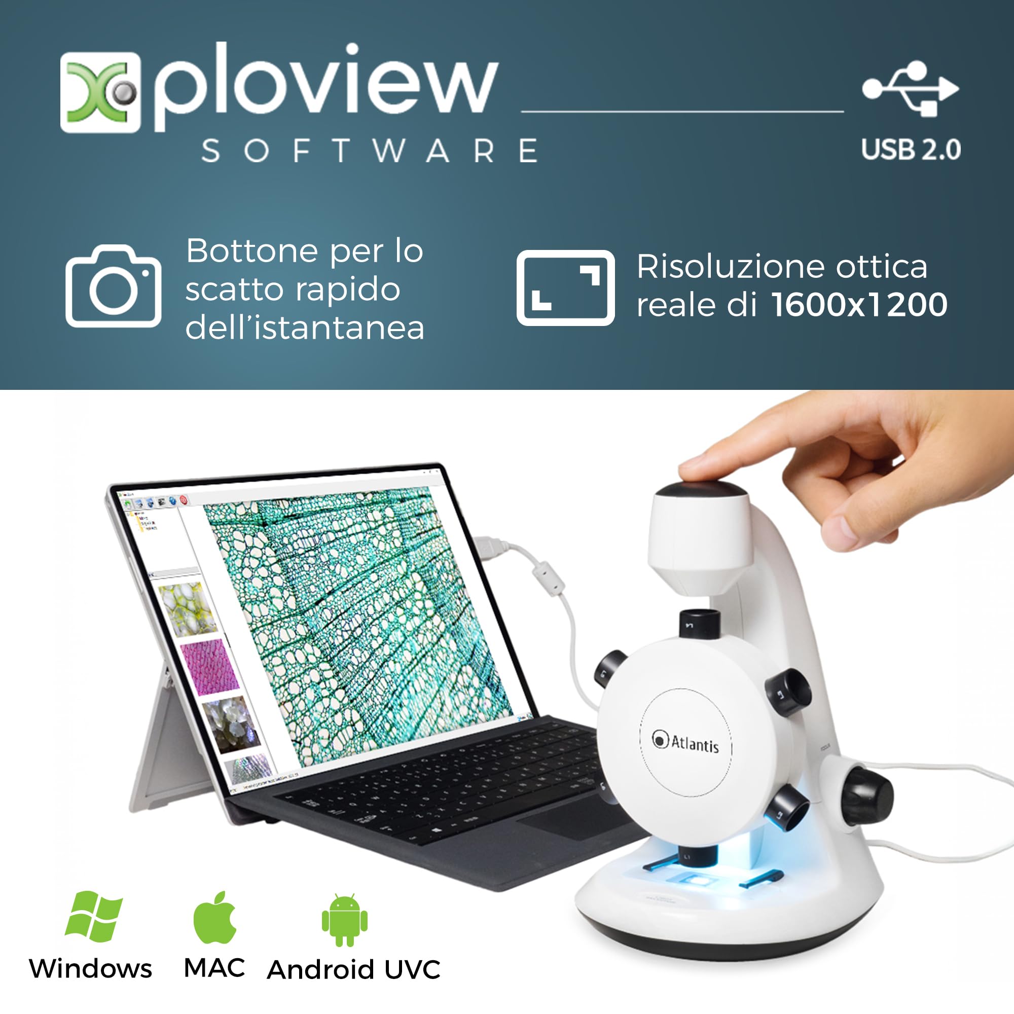 Microscopio Digitale USB Atlantis E45-MS737. Risoluzione UXGA 1600x1200. 6 ottiche di ingrandimento preimpostato da 100x a 600x. Messa a fuoco, Illuminazione superiore ed inferiore. PC, MAC e Android