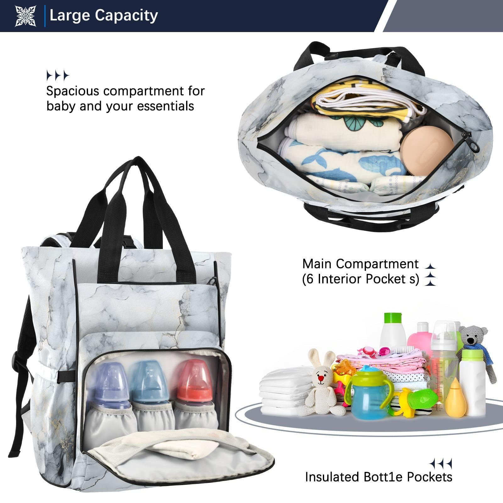 Blanco Negro MáRmol Abstracto Bolsa de Pañales Mochila de Viaje Gran Capacidad Bolsas para Mamá Papá Mujeres Niñas