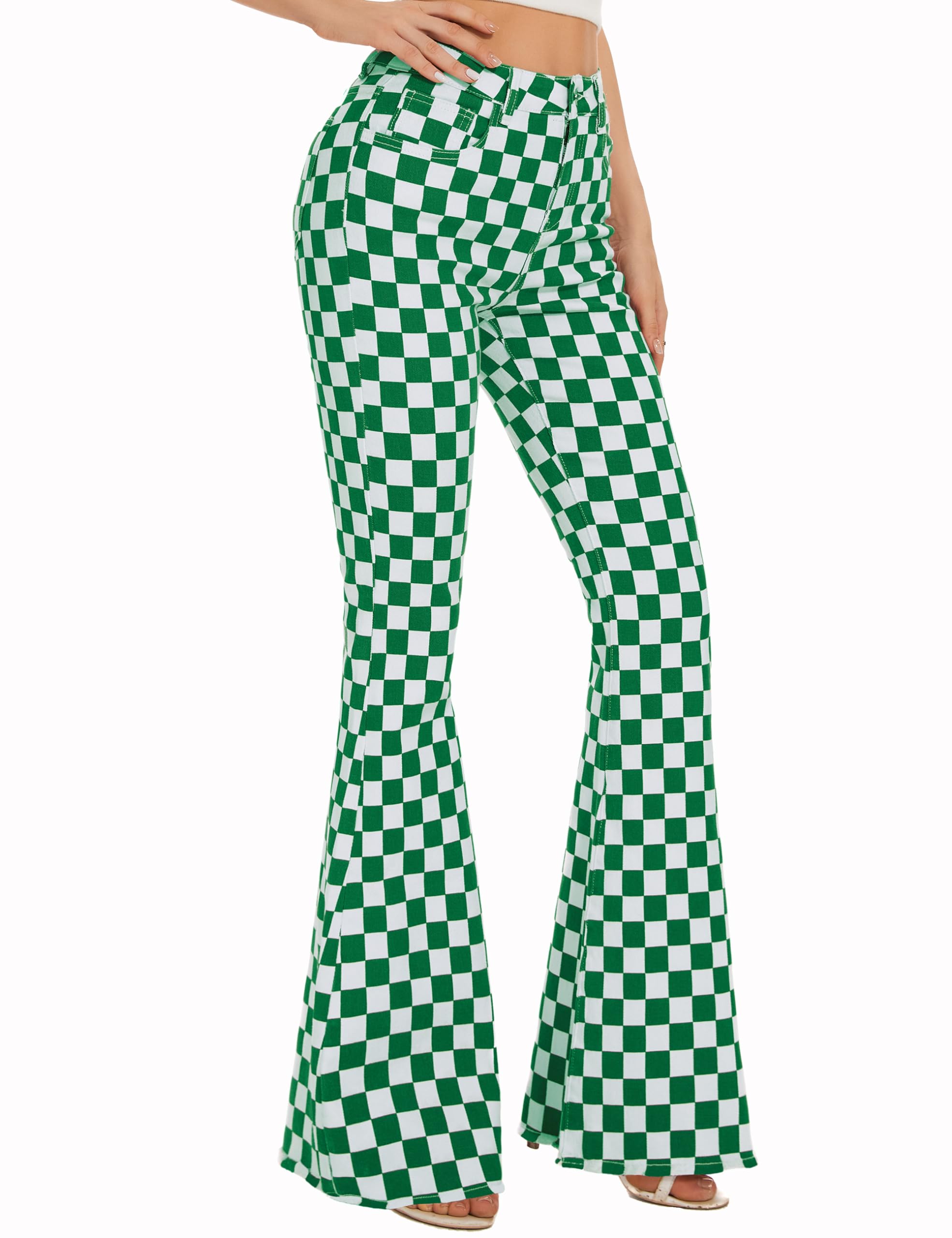 Bell Bottom Jeans für Damen, hohe Taille, Stretch, kariert, ausgestellt, Denim, Bootcut-Hose