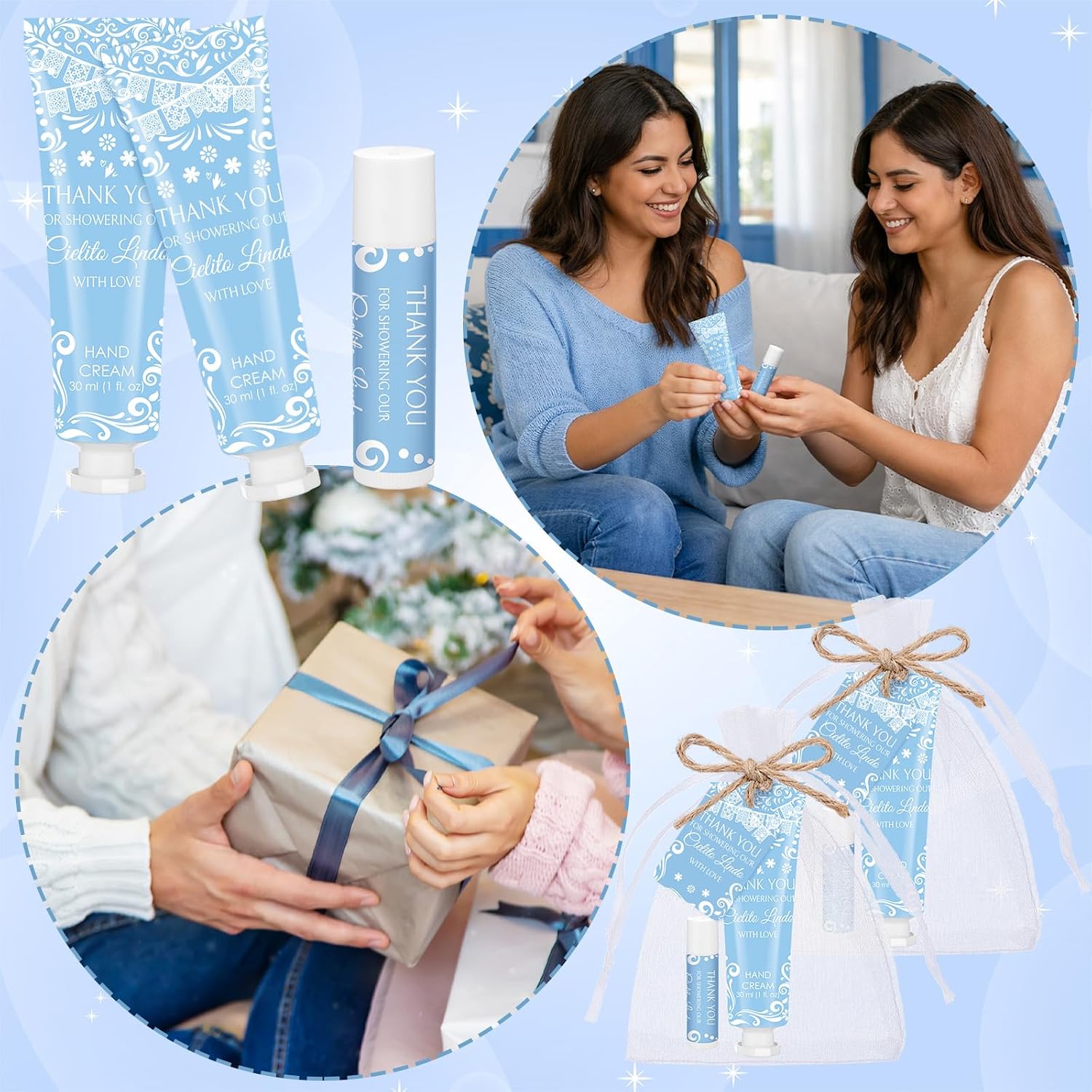 Loopeer 24sets/ 96pcs Cielito Lindo Baby Shower Favors for Guests Mexican Papel Picado Themed Hand Cream and Lip Balm Travel Size Hand Lotion Lip Balm for Mexican Cielito Lindo Baby Shower(Blue)