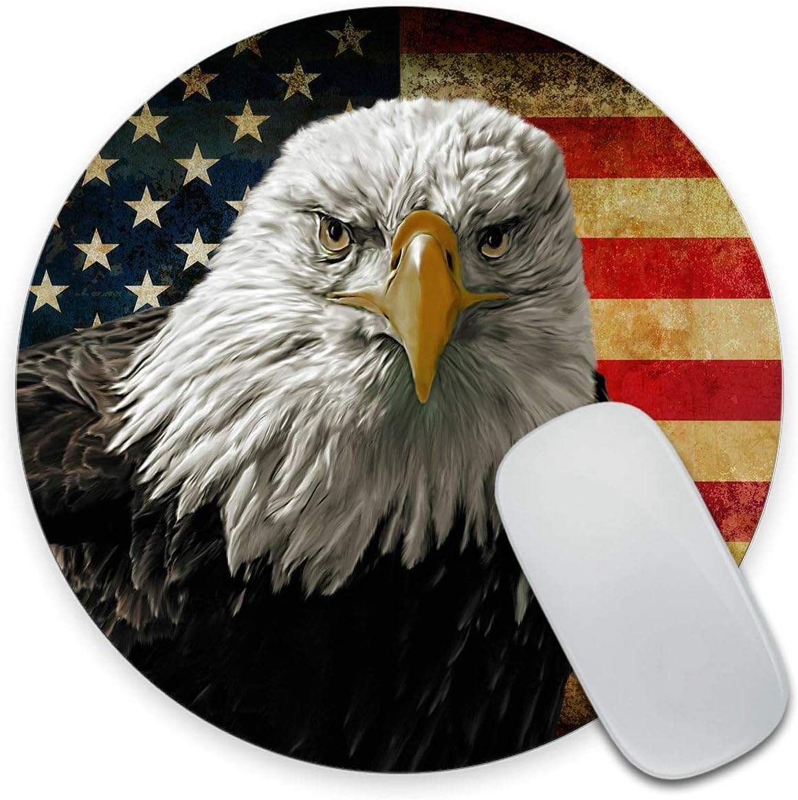 Bald Eagle USA Flag Round Mouse Pad, Grunge American Flags Customized Mouse Mat,Washable Mousepads, Non-Slip Rubber Base Small Mousepad, 7.9×7.9×0.12 inches